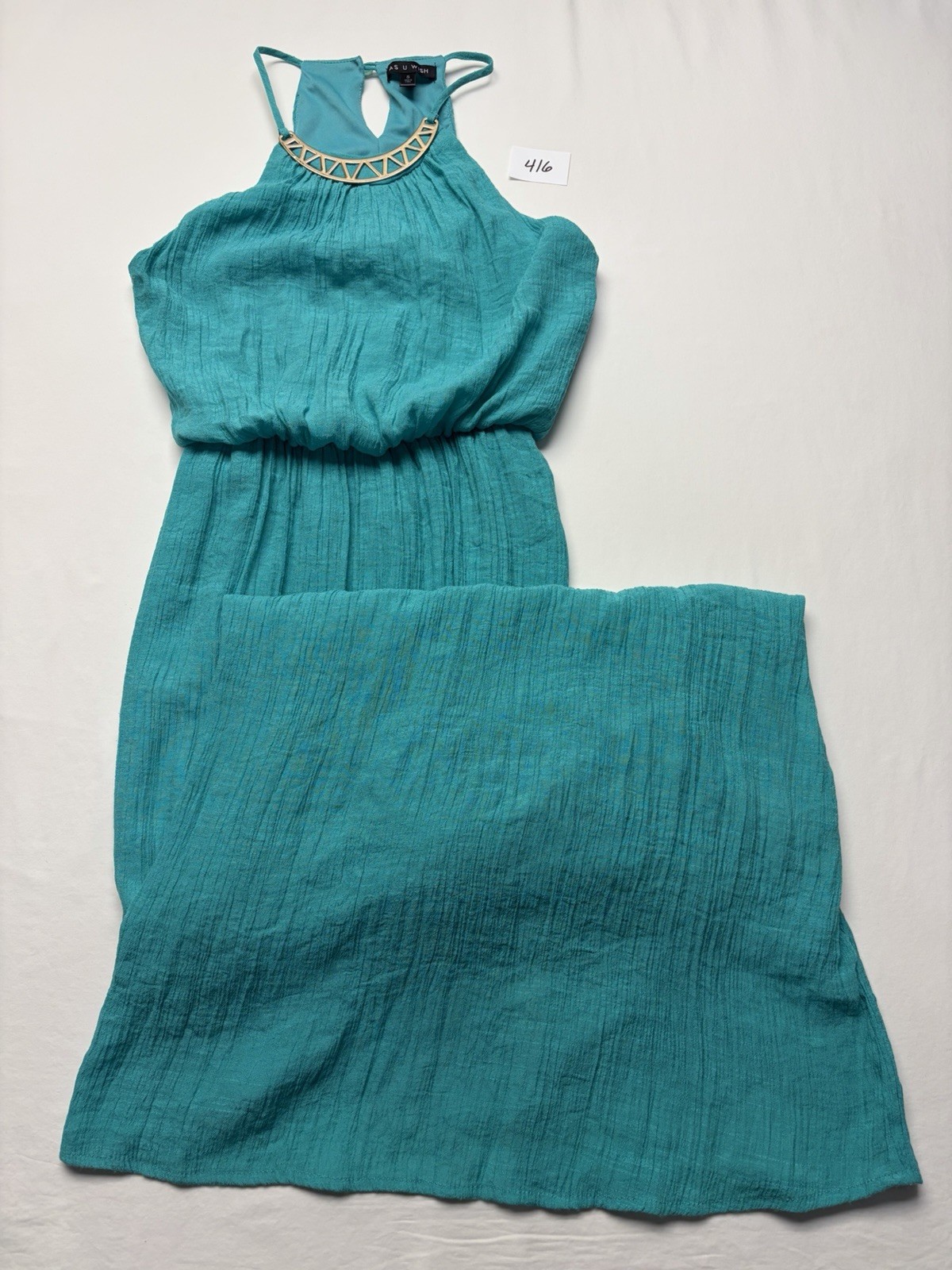As U Wish Women’s Long Dress S Sleeveless Slit Back Aqua Green Attached Necklace