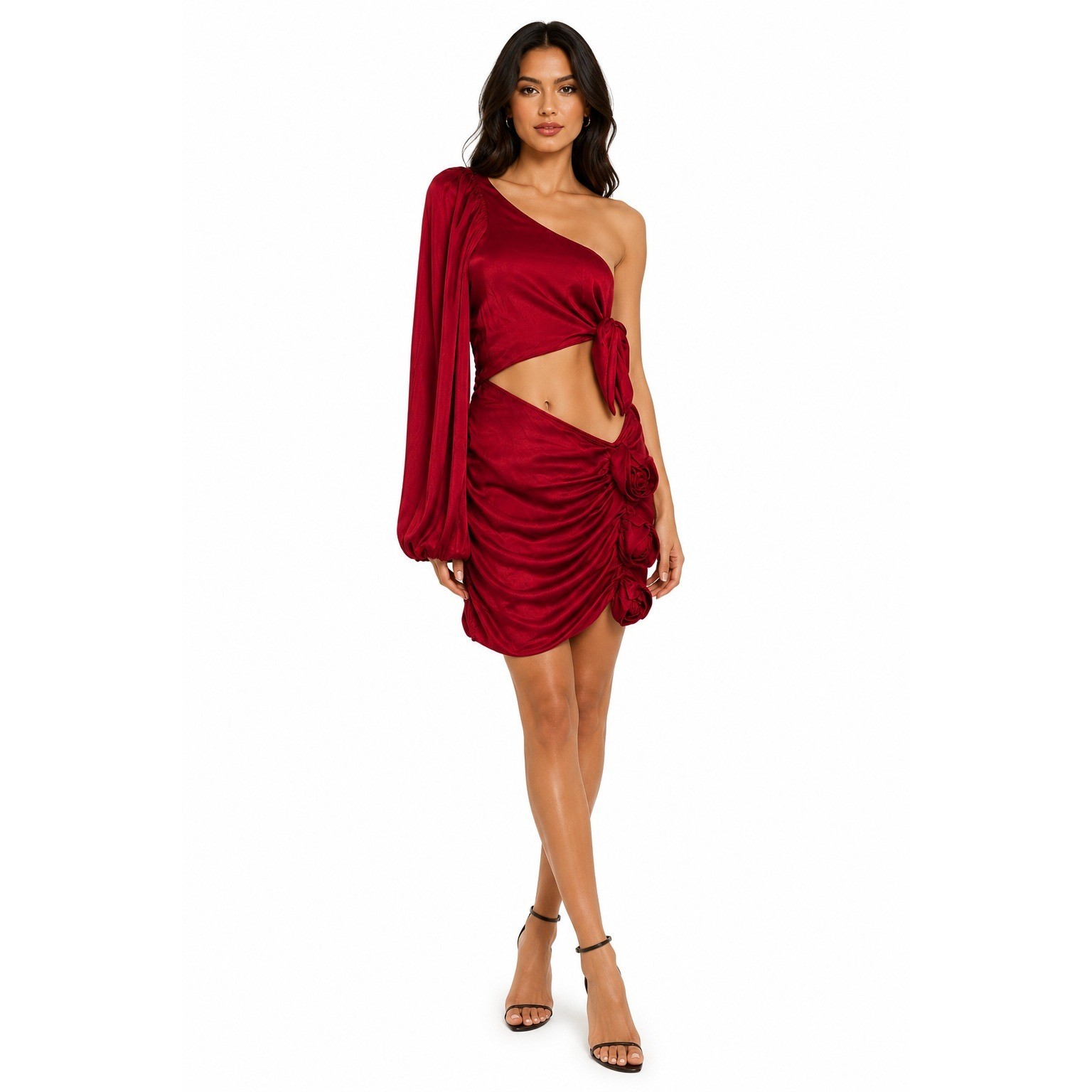 For Love & Lemons Rosette One Shoulder Mini Dress Women Size S Red Cutout Party