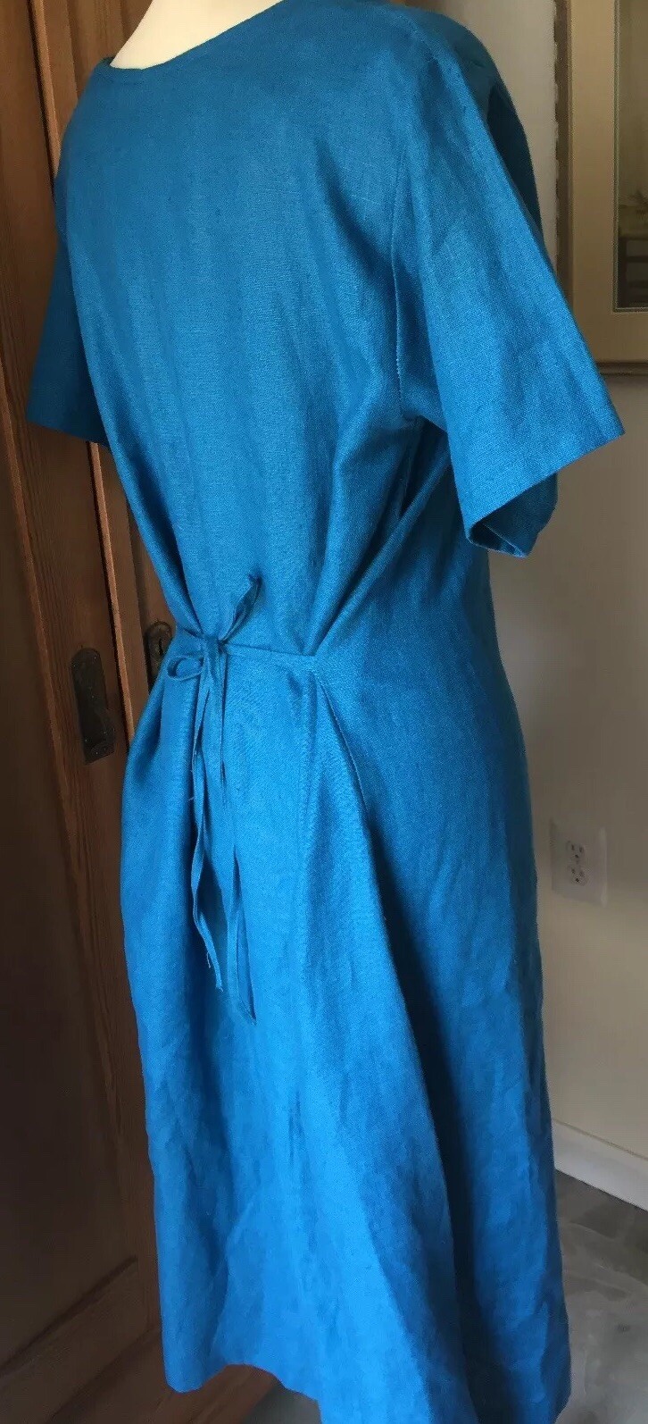 JES ‘Irie’ Wear Bold Turquoise Linen Short Sleeve Dress~ Waist Tie~ MEDIUM NWOT
