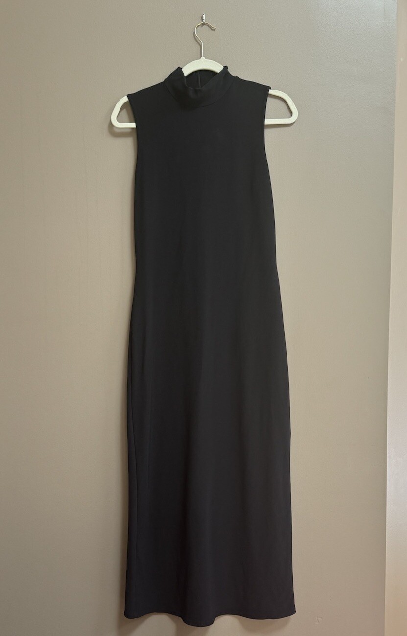 Boston Proper Black Dress Long A-Line Mock Neck Turtleneck Chic Maxi Office M