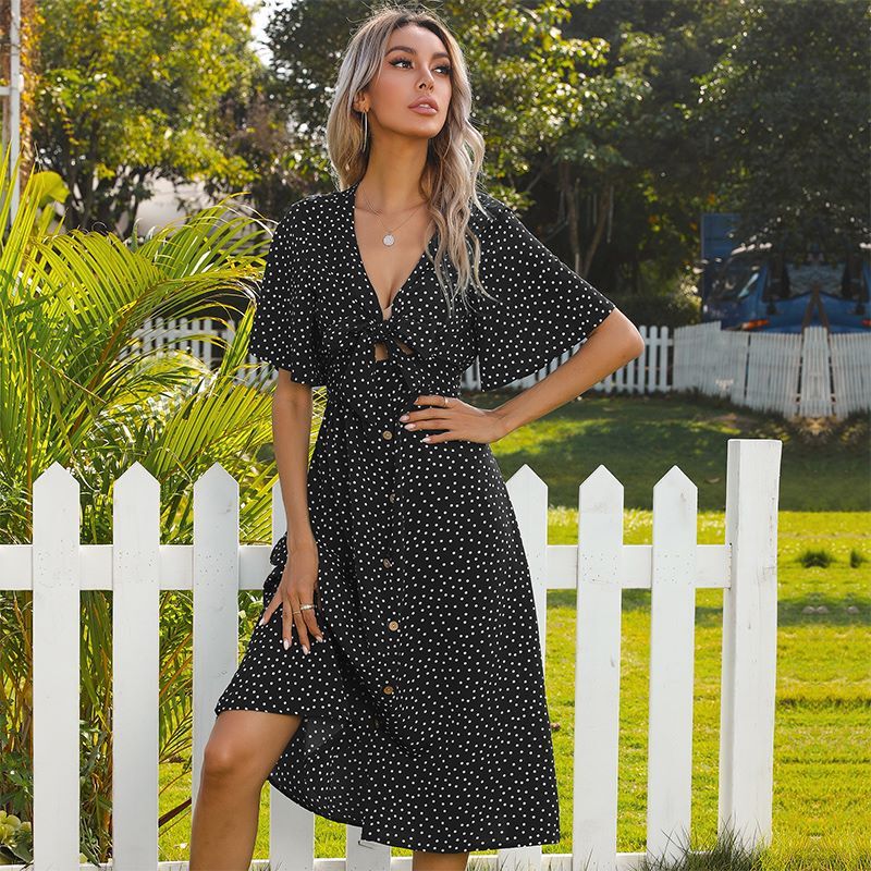 Tie Front Button Bow Tie Detail Dress