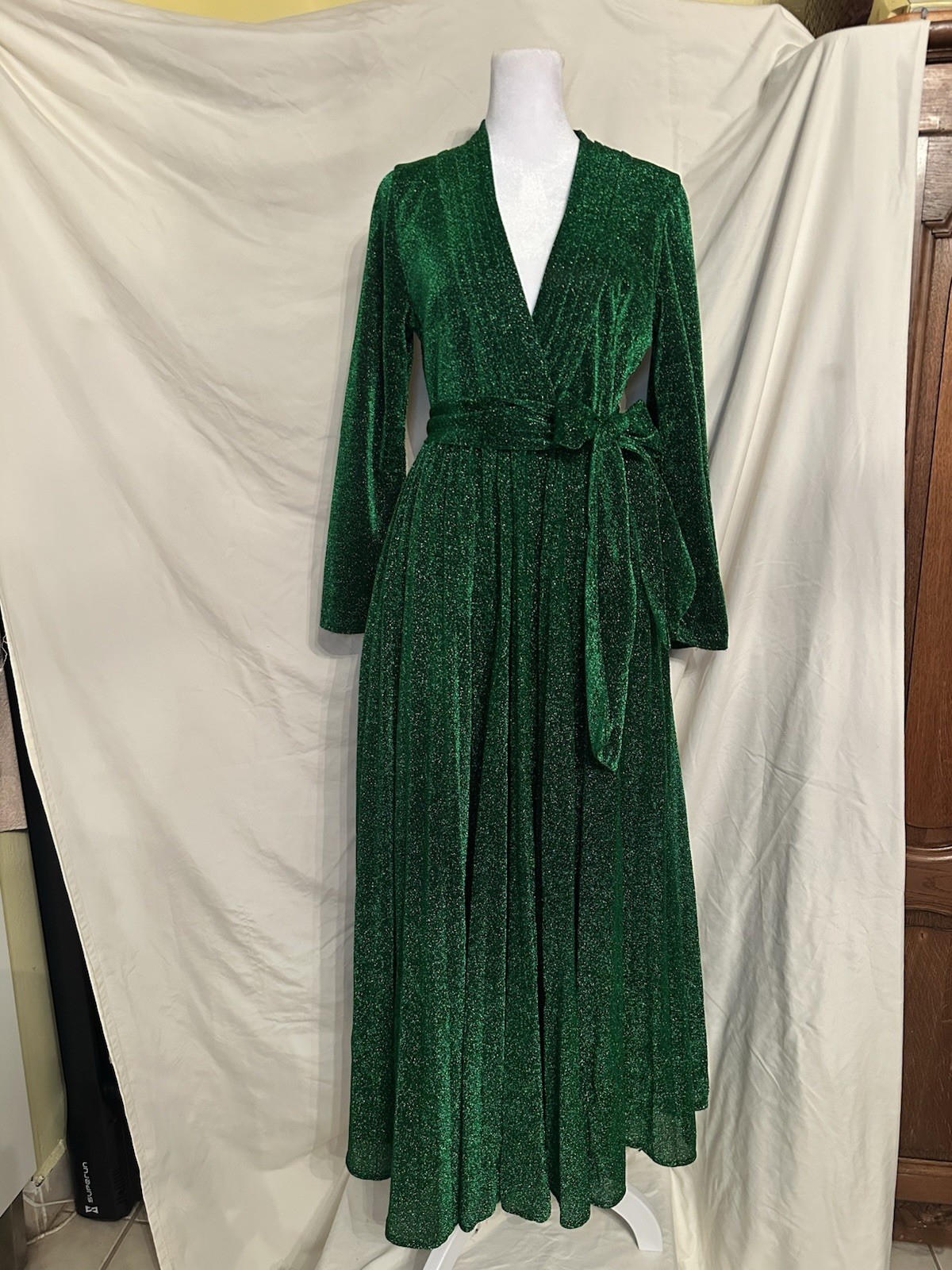 Alcoolique Green Glitter Lurex V-Neck Long Sleeve Maxi Dress Women’s 42