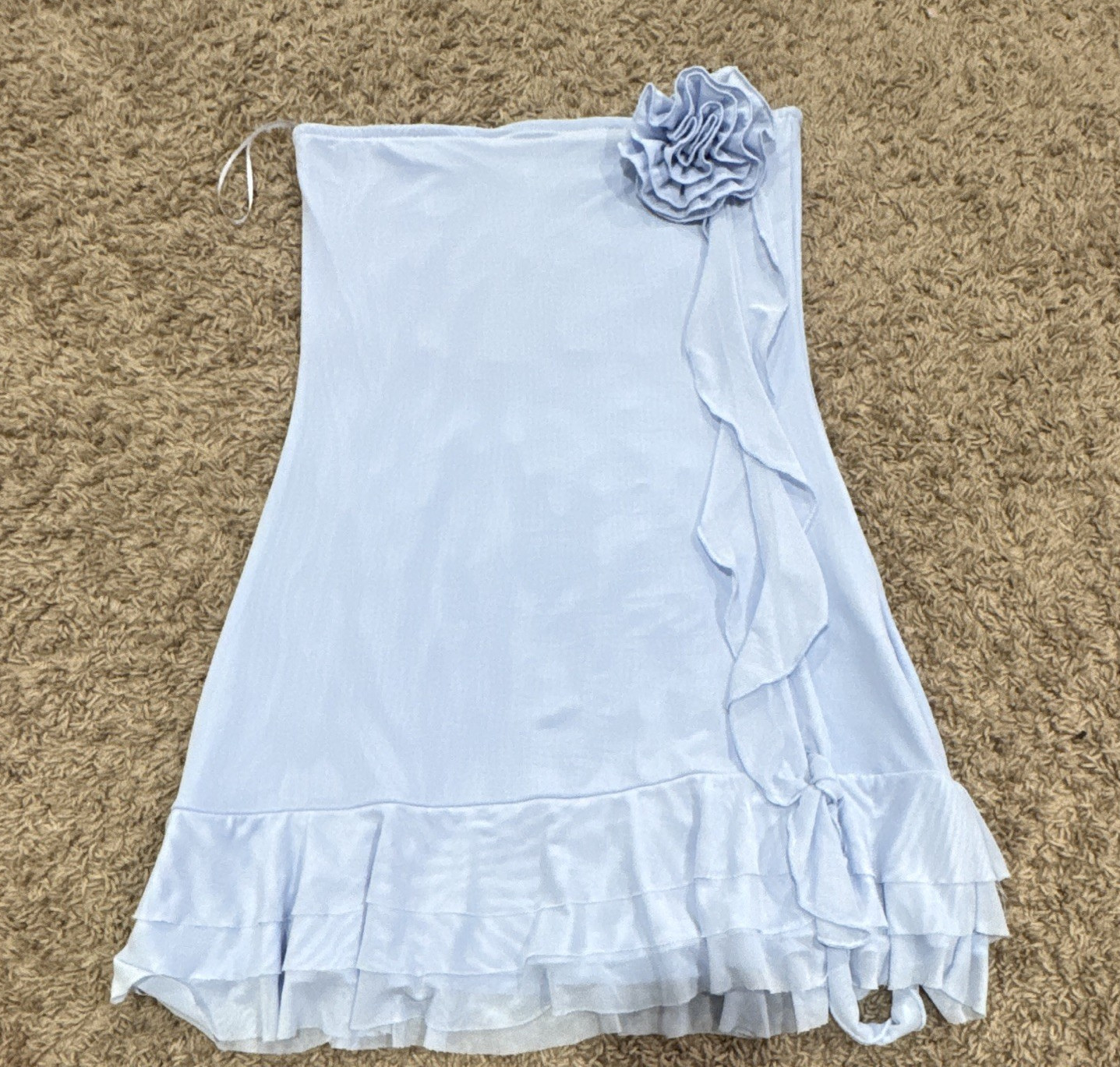 Edikted Blue One-Shoulder Mini Dress, Ruffle Hem Flower Accent, Solid, M