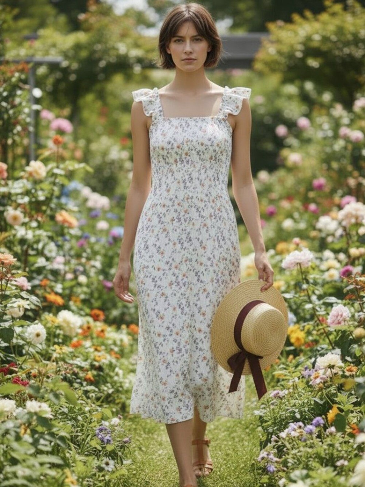 Anthropologie Romantic Fully Smocked Dress Floral Coquette Size M !00% Cotton