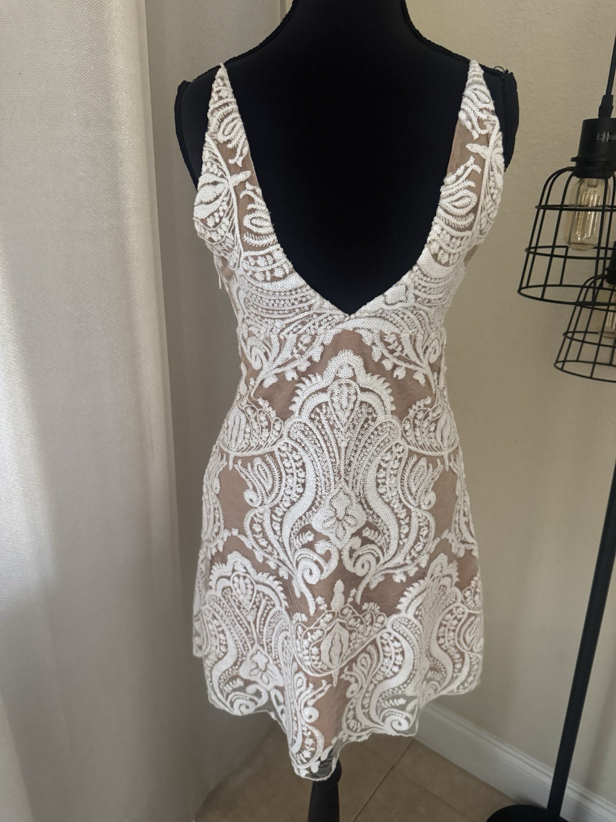 Free People Night Shimmers Sequin Lace Mini Dress Nude Ivory Size 4 Boho