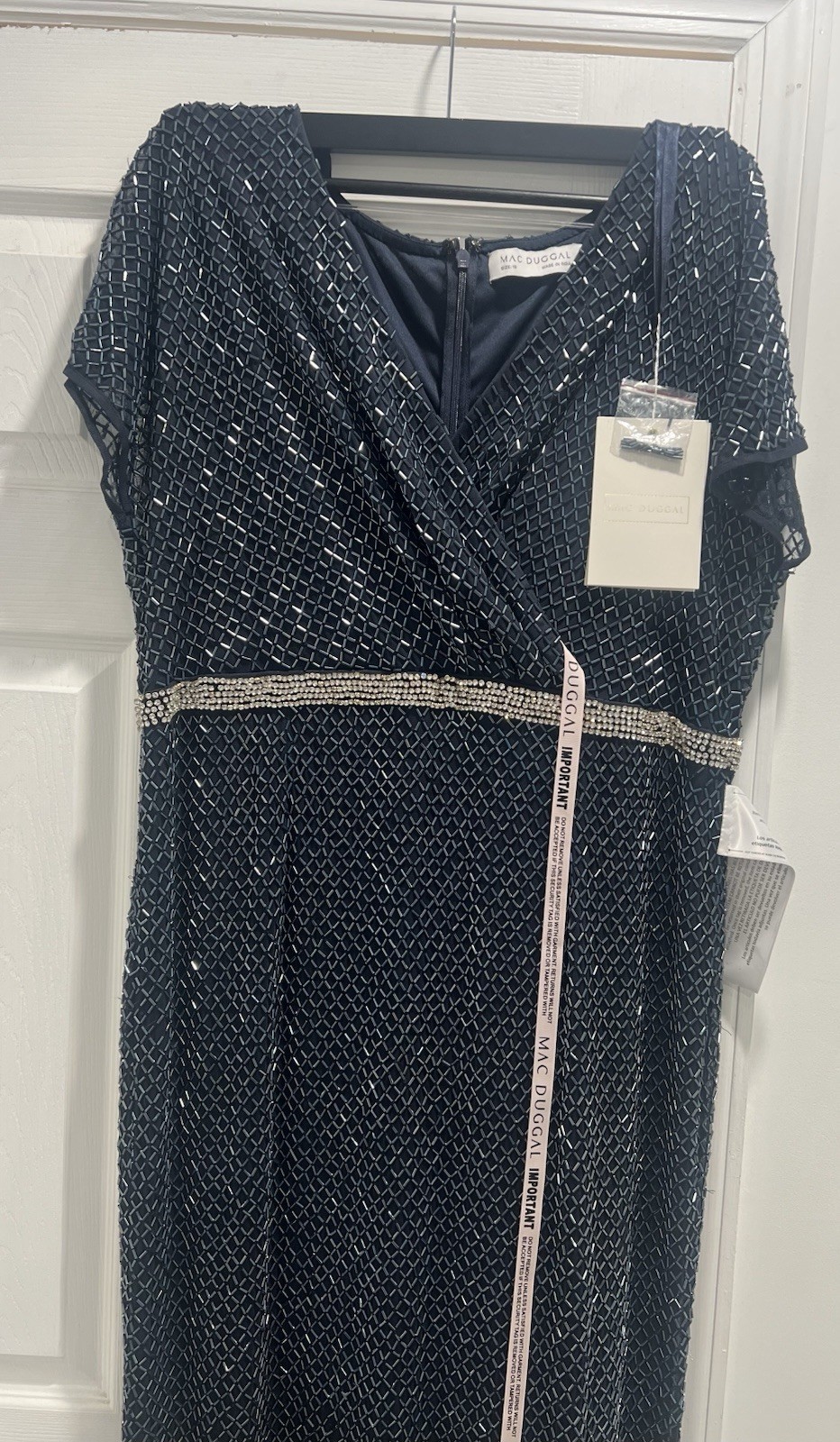 MAC DUGGAL 93678 Sz 16 Navy Beaded Short Sleeve Column Long Gown