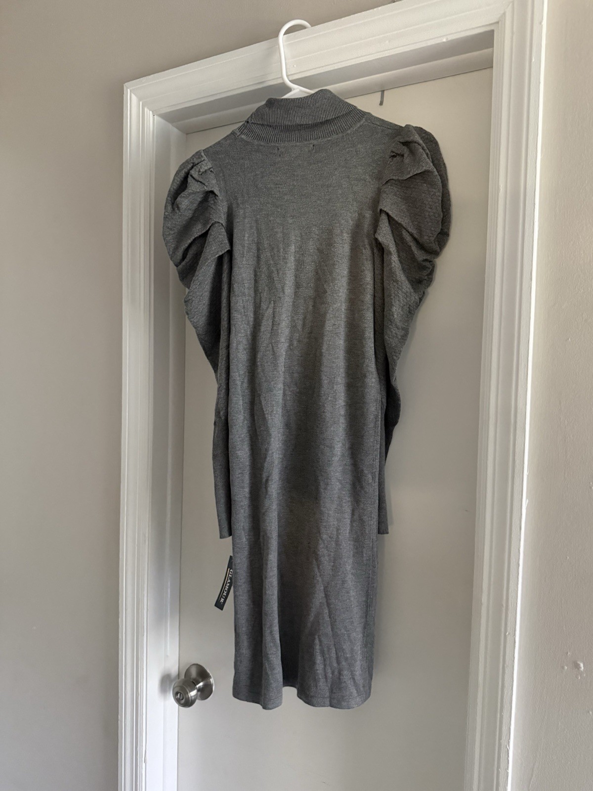 Glamour Gray Solid Knit Sweater Dress Mock Neck Puff Sleeve Knee Length S