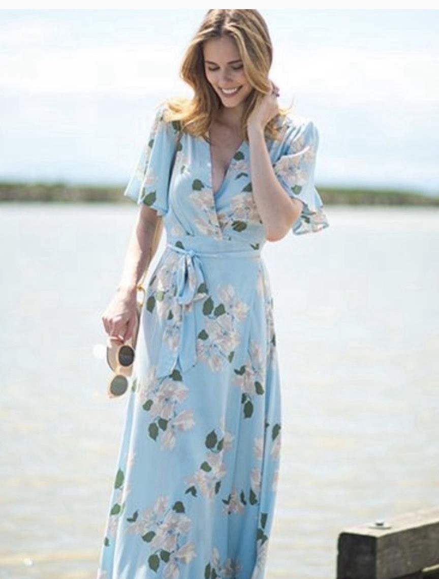 Women’s Blue Floral Wrap Maxi Dress V-Neck Flutter Short Sleeve Tie Side Slit