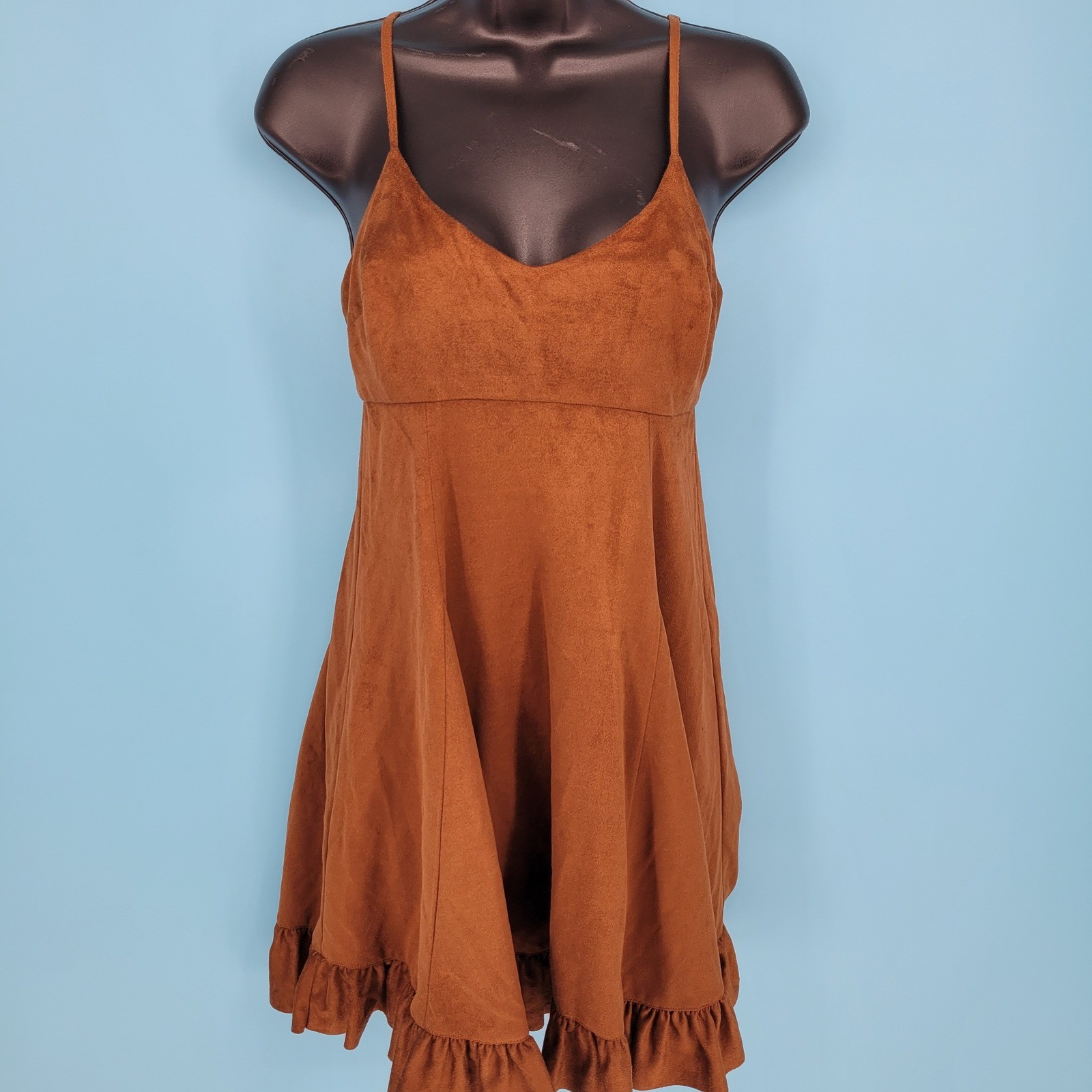 BCBGeneration Faux Suede Mini Dress Women Size 0 Brown Boho Ruffle Hem
