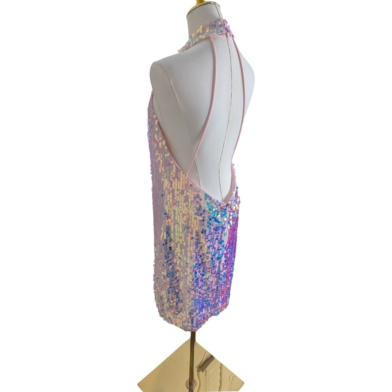 Altar’d State Opal Sequin Mini Dress L Halter High Neck Iridescent Mermaid Party