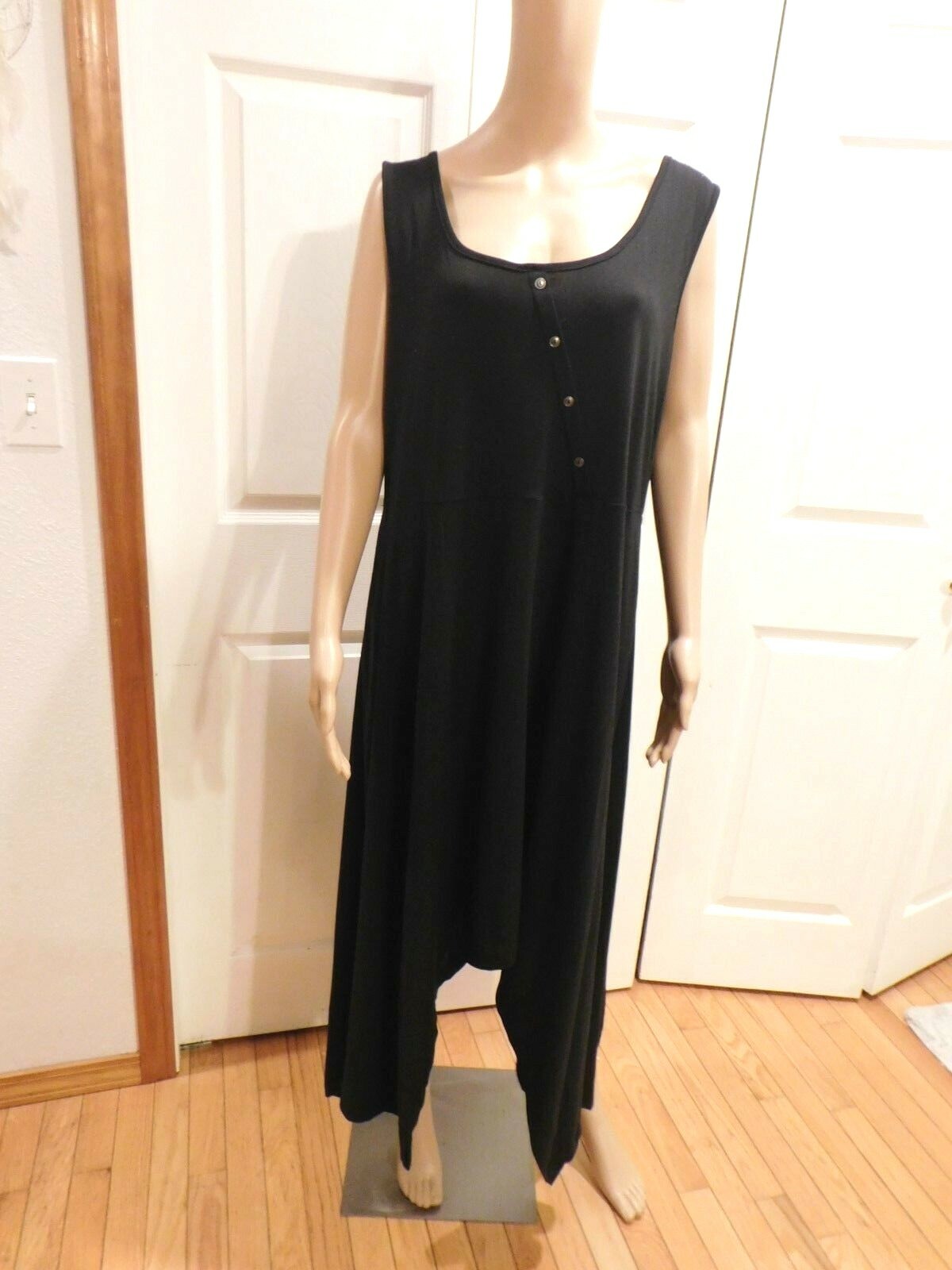 New Black Inclined Button Handkerchief Polyester Asymmetrical U Neck Dress 2 XL
