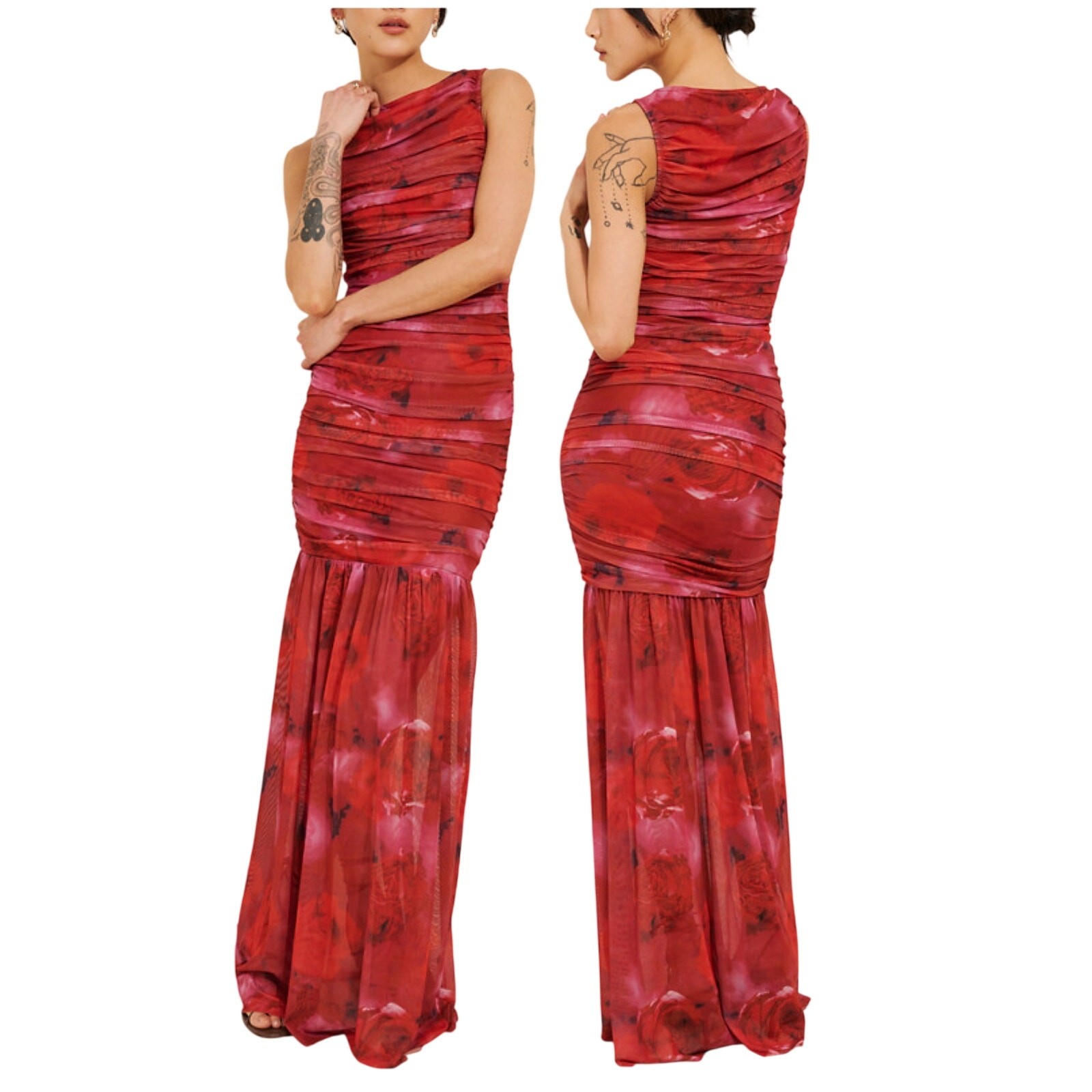 Elliatt NWT Elise Mesh Ruched Maxi Dress Red Motif Size S Sleeveless Bodycon