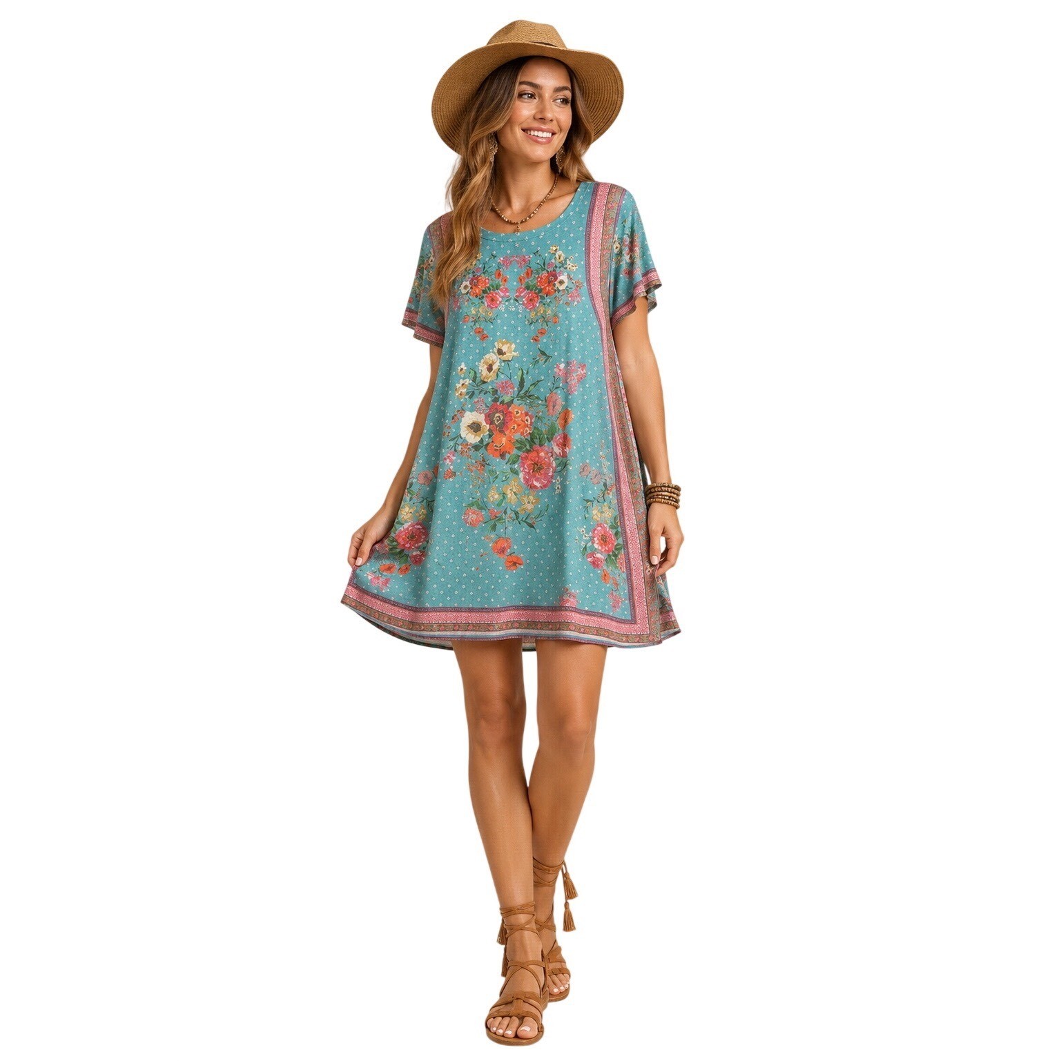 Umgee Teal Blue Floral Print Mini Dress Boho Swing Tunic Dress Women’s Size S