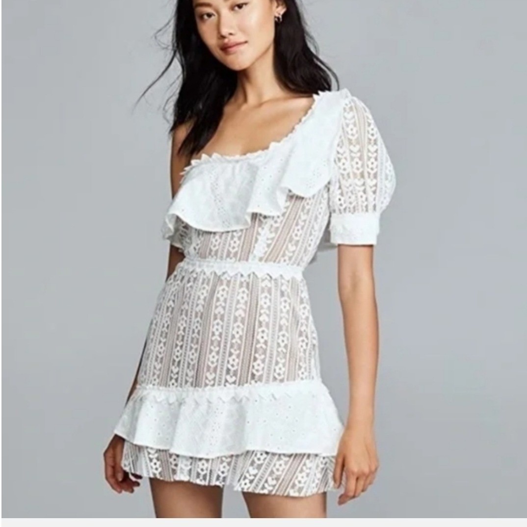 For Love and Lemons Lovebird White Lace One Shoulder Mini Dress sz M NWT