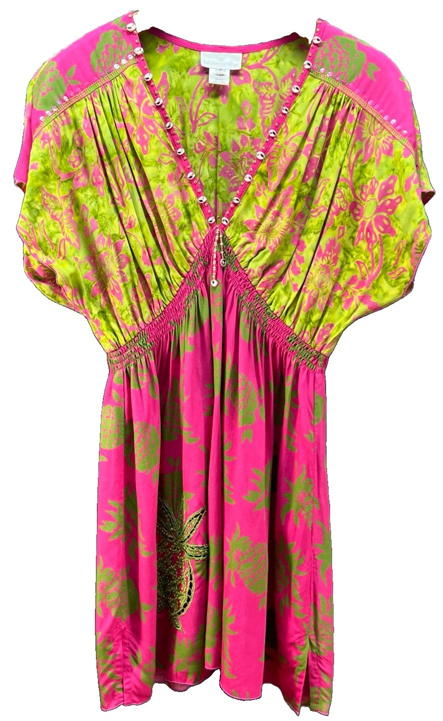 Soft Surroundings Tunic Mini Dress M Rayon Beaded Shell Pink Green Pinapple