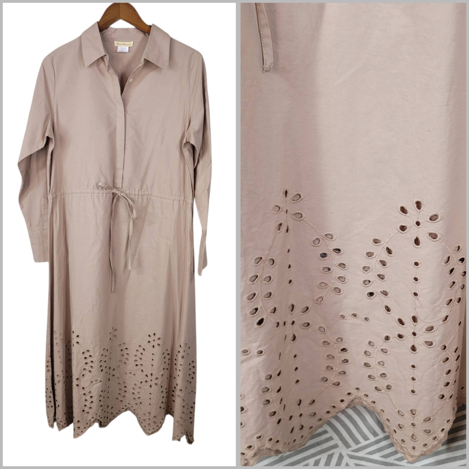 Sweet Magnolia Shirt Dress size Medium Plaid Button Up Midi Eyelet Trim Tan Long