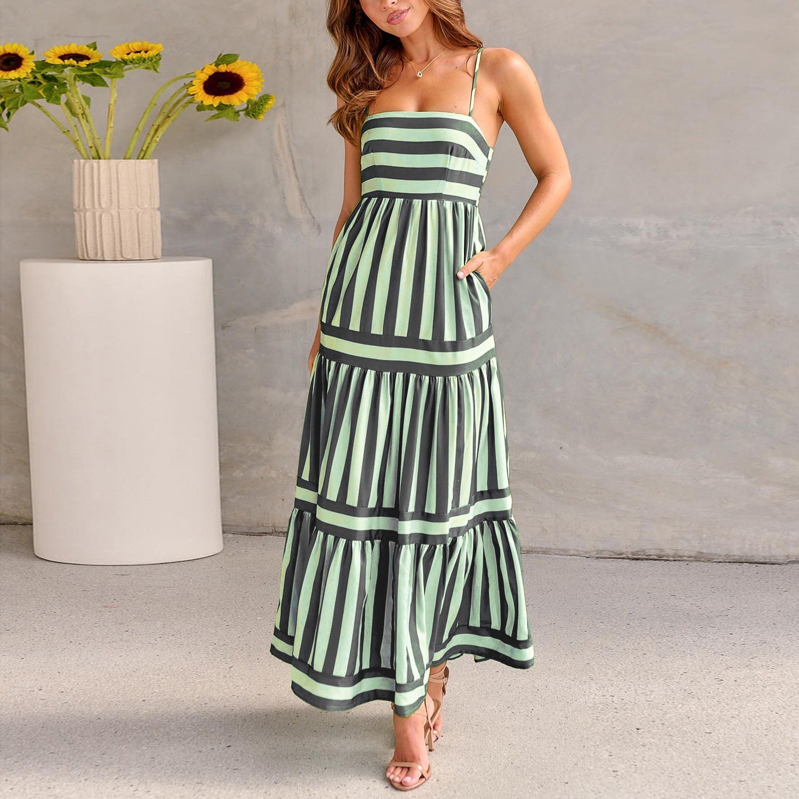 Women’s Striped Maxi Dress Square Neck Sleeveless Backless Summer Beach Dress