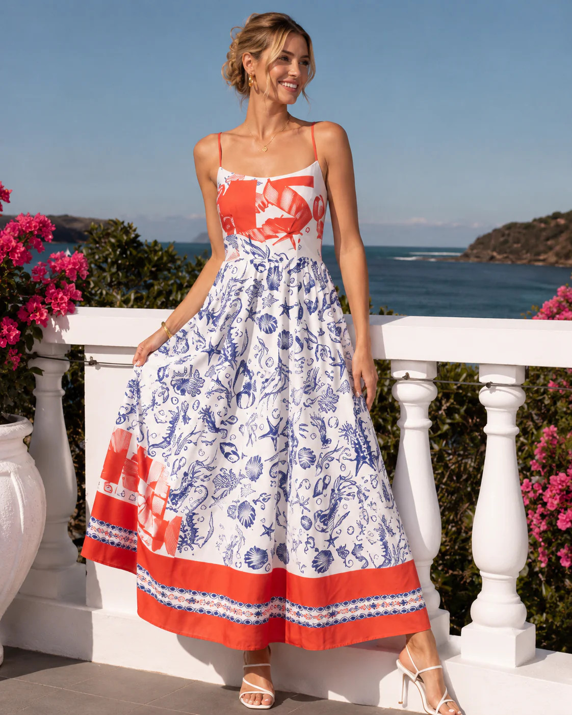 Nautical Seashell Print Maxi Dress Coastal Resort Vacation Style