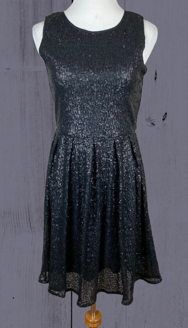 Women Fit & Flare Full Sequin Dress Small Black Pleated Lined Sleeveless Zip