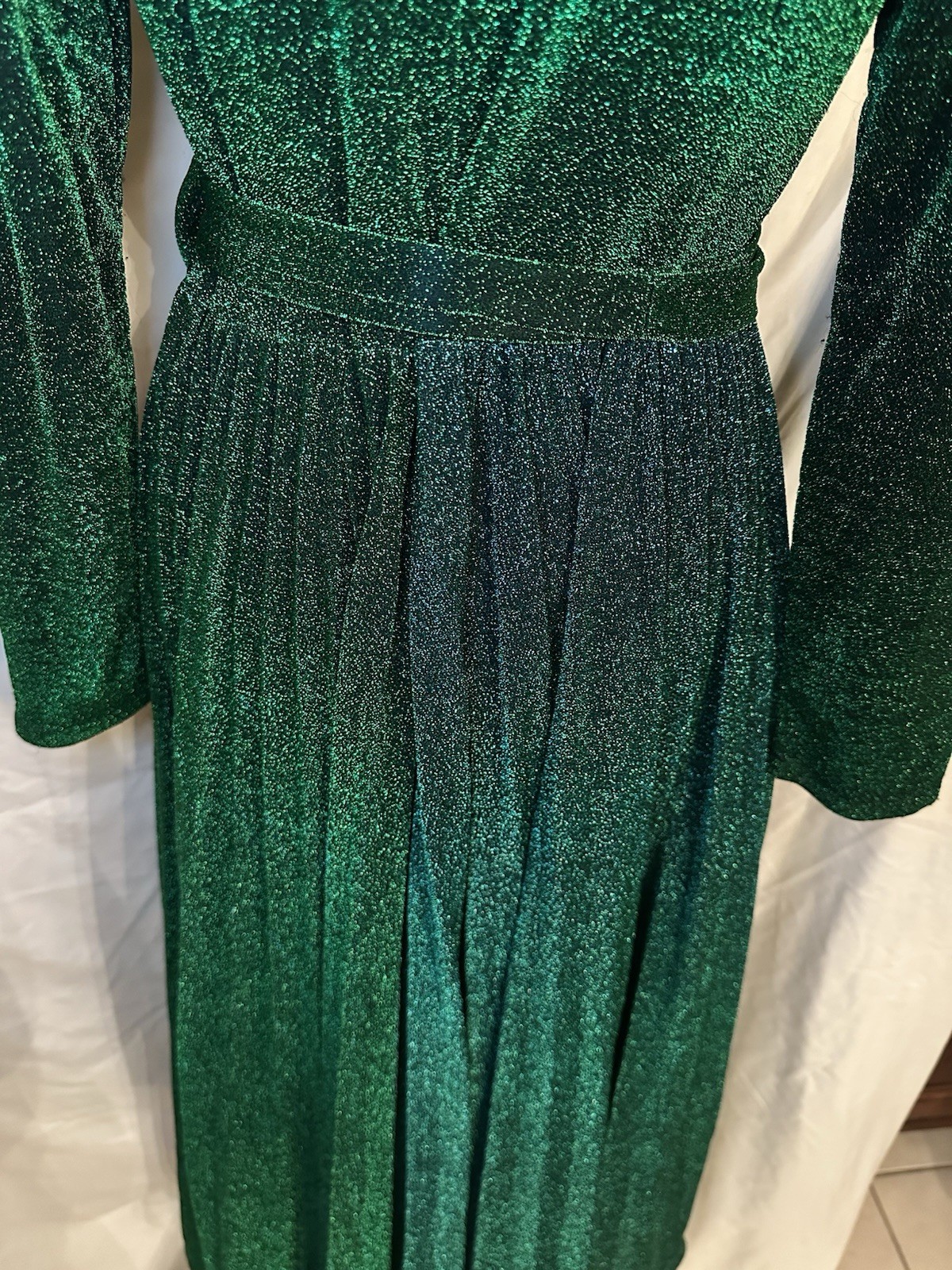 Alcoolique Green Glitter Lurex V-Neck Long Sleeve Maxi Dress Women’s 42
