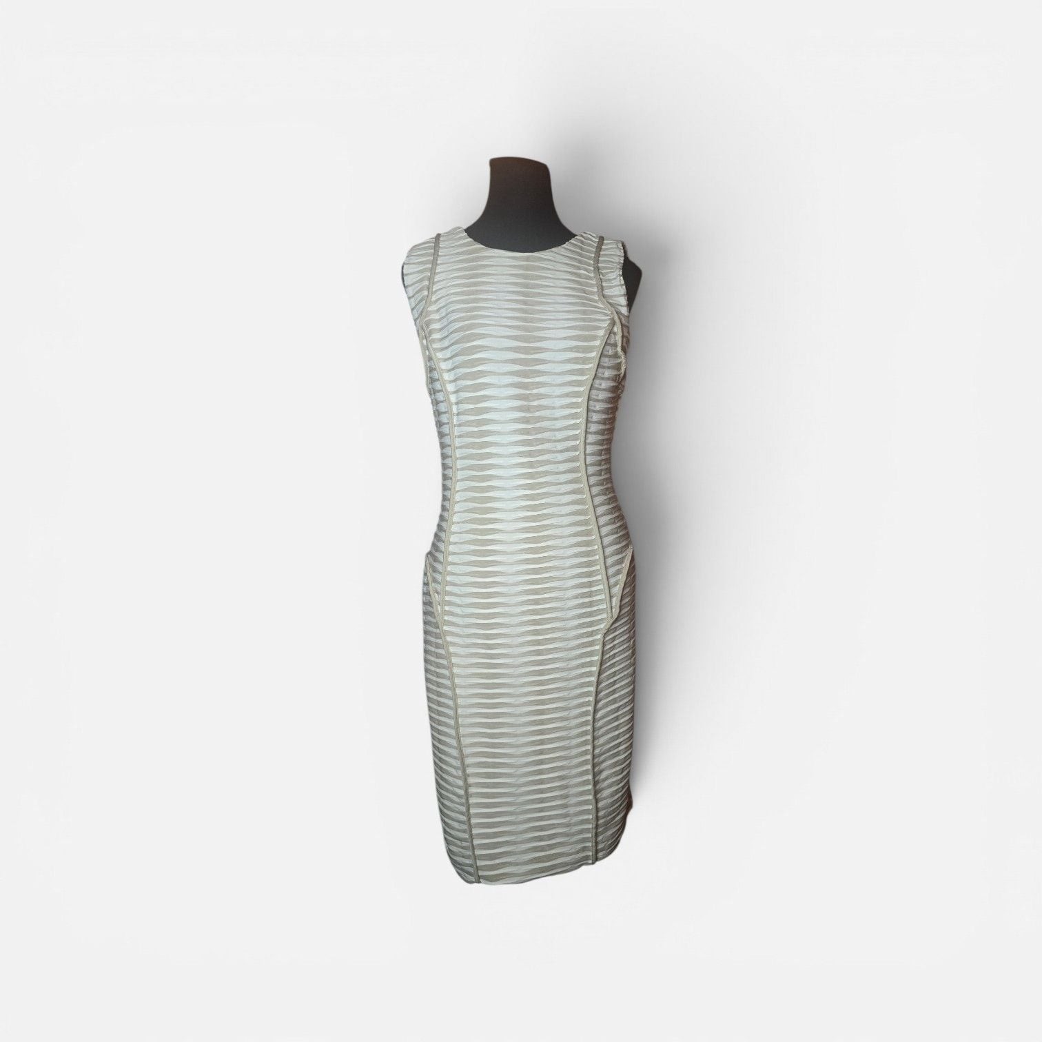 Beige by ECI Sleeveless Textured Sheath Dress in Cream and Tan