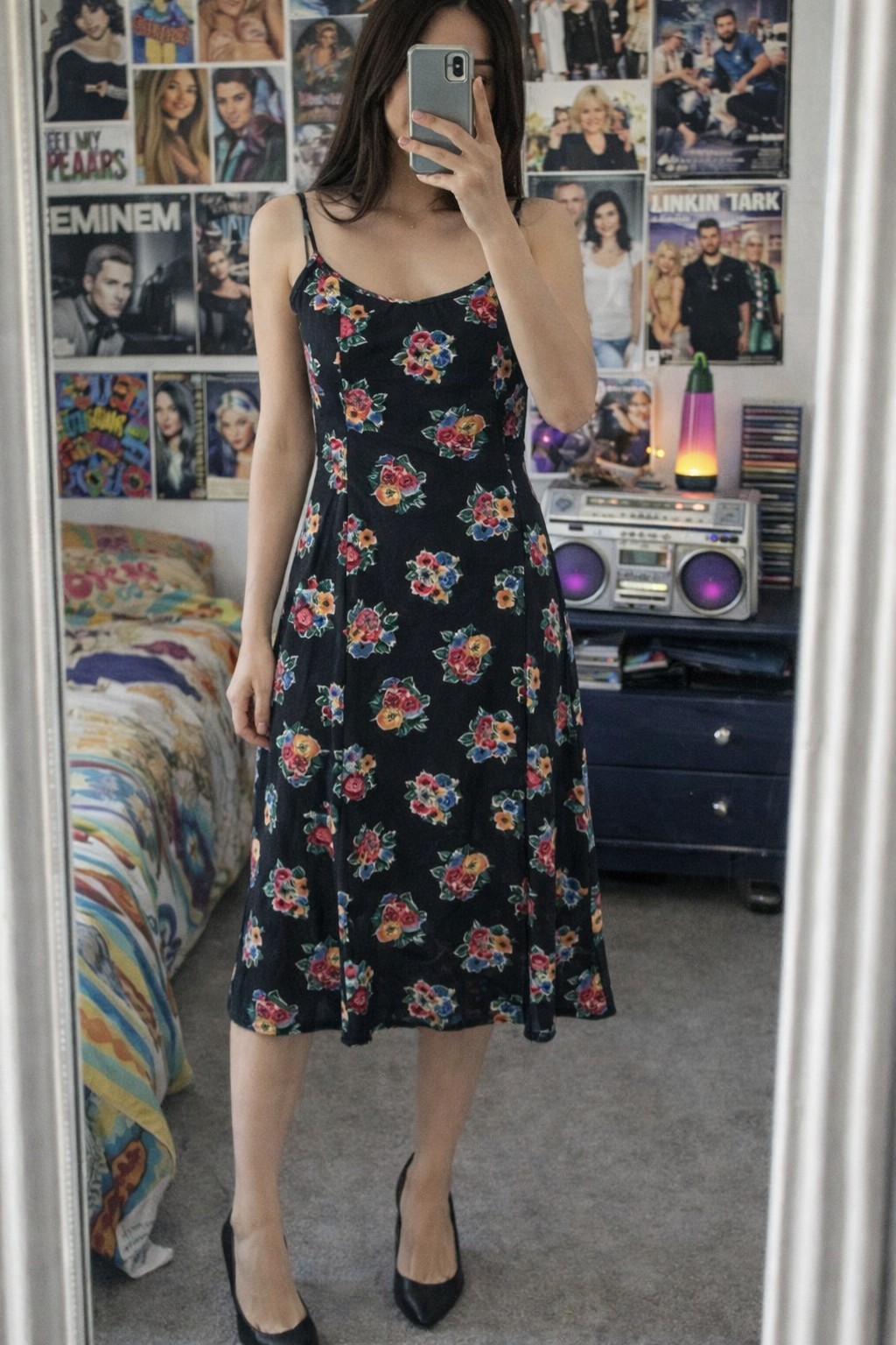 No Boundaries Floral Midi Dress Black Spaghetti Strap Summer Y2K Sz M EUC