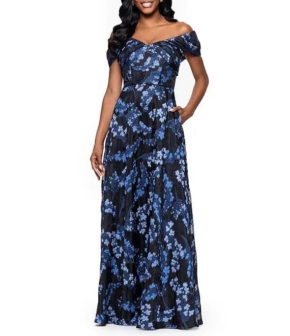 Betsy & Adam Blue Black Embroidered Floral Off the Shoulder Gown Size 16 $299