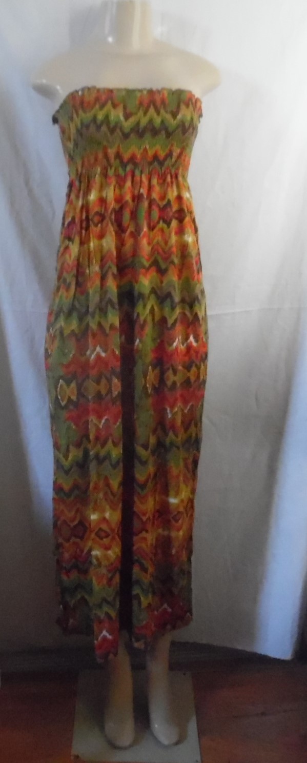 GOLD DRAMA SEXY STRAPLESS OLIVE GREEN BROWN WAVY PRINT ELASTIC TOP DRESS SMALL