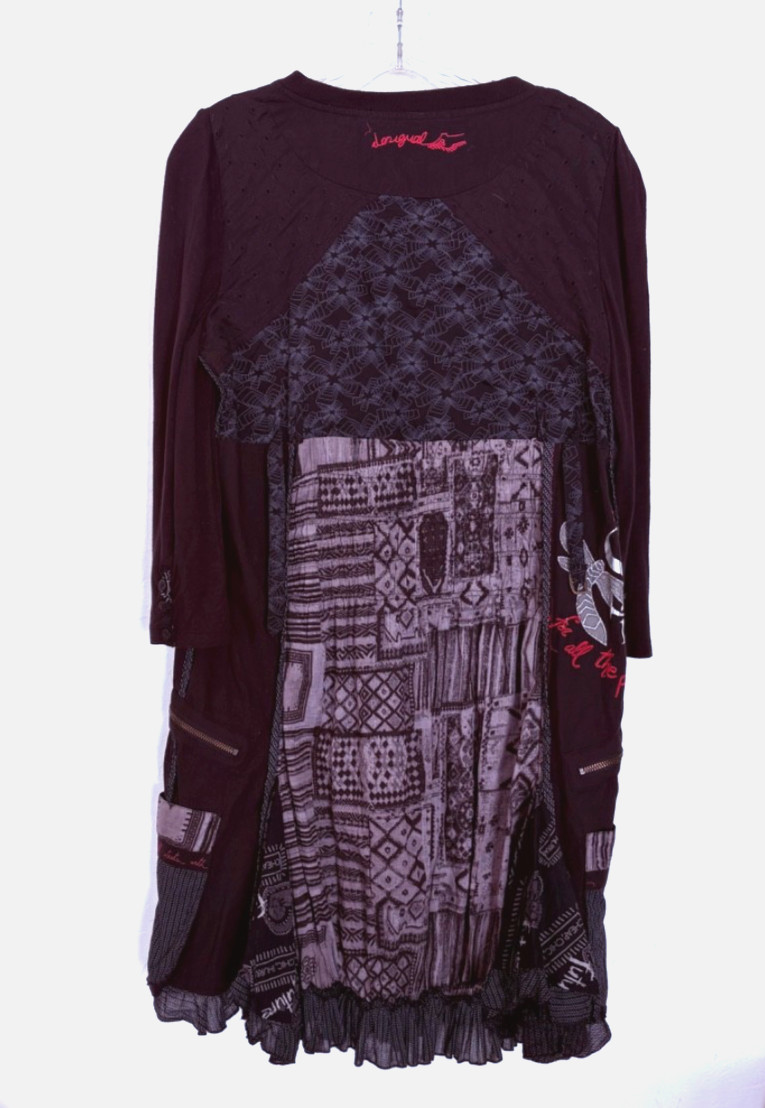 Desigual Wms Abeth 3/4 Sleeve Ruffle Hem Dress Large Black Red Zip Pockets Sz 12