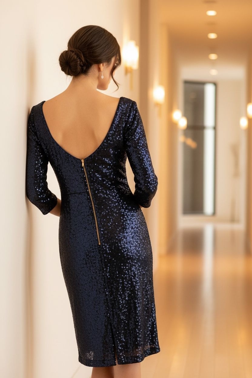 Lulu’s L Sequin Cocktail Dress Dramatic Scoop Back 3/4 sleeves Sheath Mini