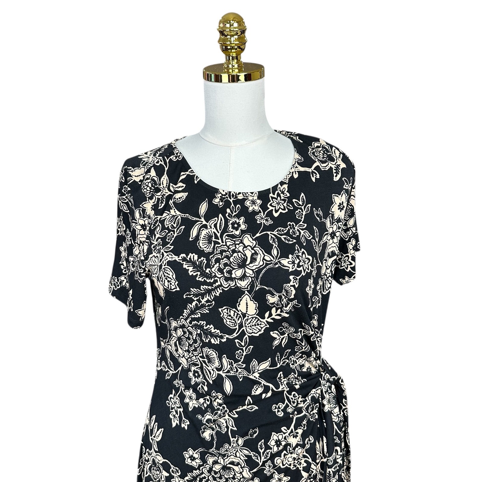 Johnny Was Womens Black Floral Side Tie Midi Dress Short Sleeve Size M