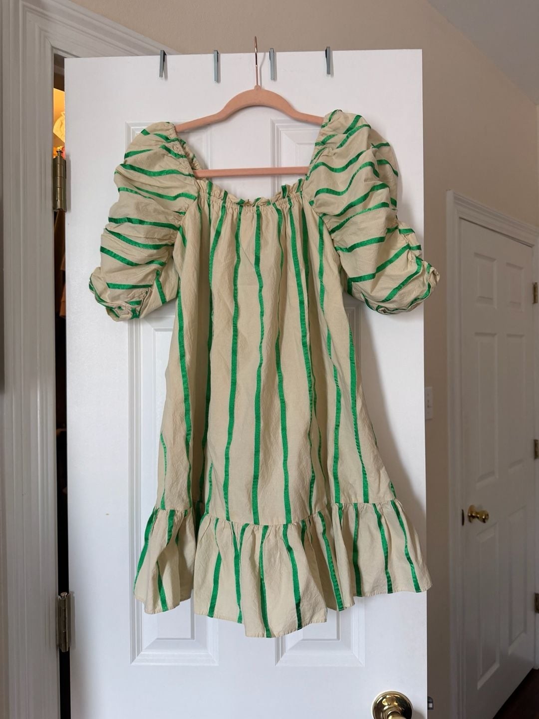 English Factory Cream and Green Striped Puff Sleeve Mini Dress