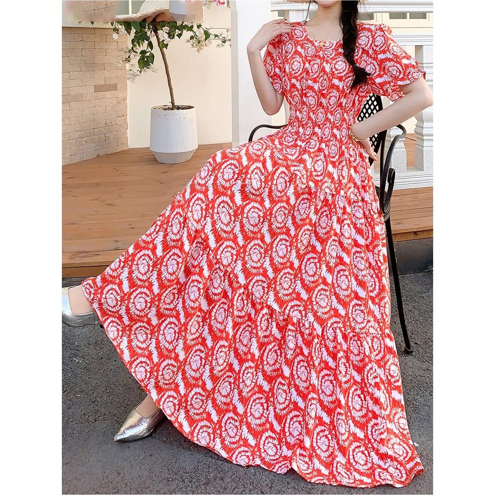 Women Elegant Boho V-Neck Dress Elastic Waist Stretchy For All Body Frames