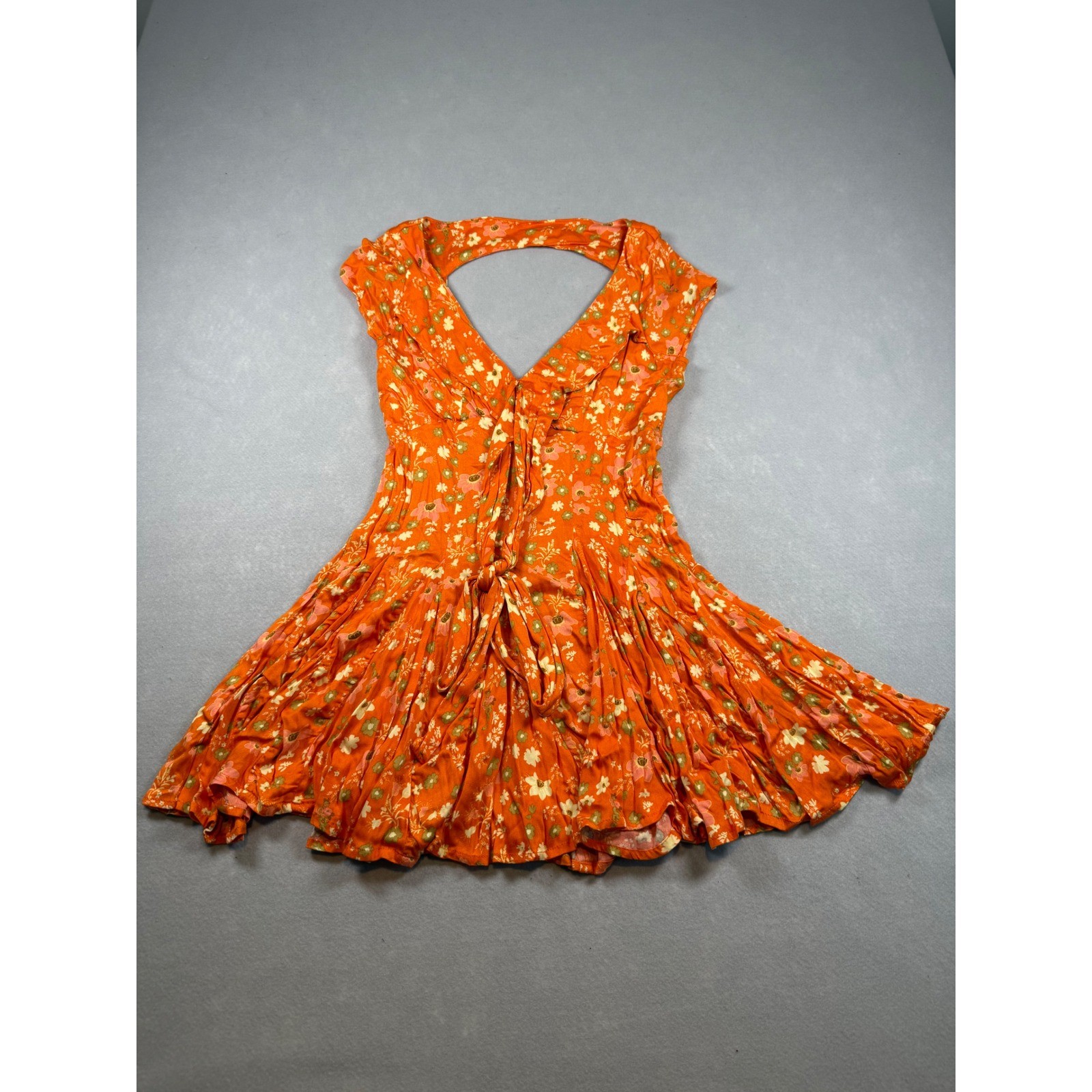 Free People Orange Floral V-Neck Cutout Back Pleated Mini Dress XS