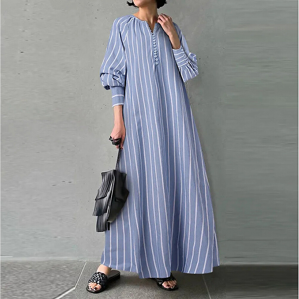 Spring Autumn Ladies Plus Size Women’s Casual Loose Long sleeved Striped Dress