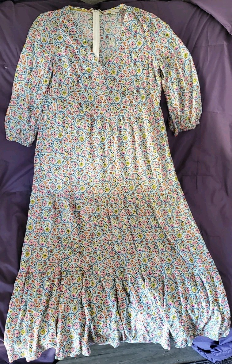 Boden Maxi Tiered V-Neck 3/4 Sleeve Dress Multicolor Boho Chic Sz 6P