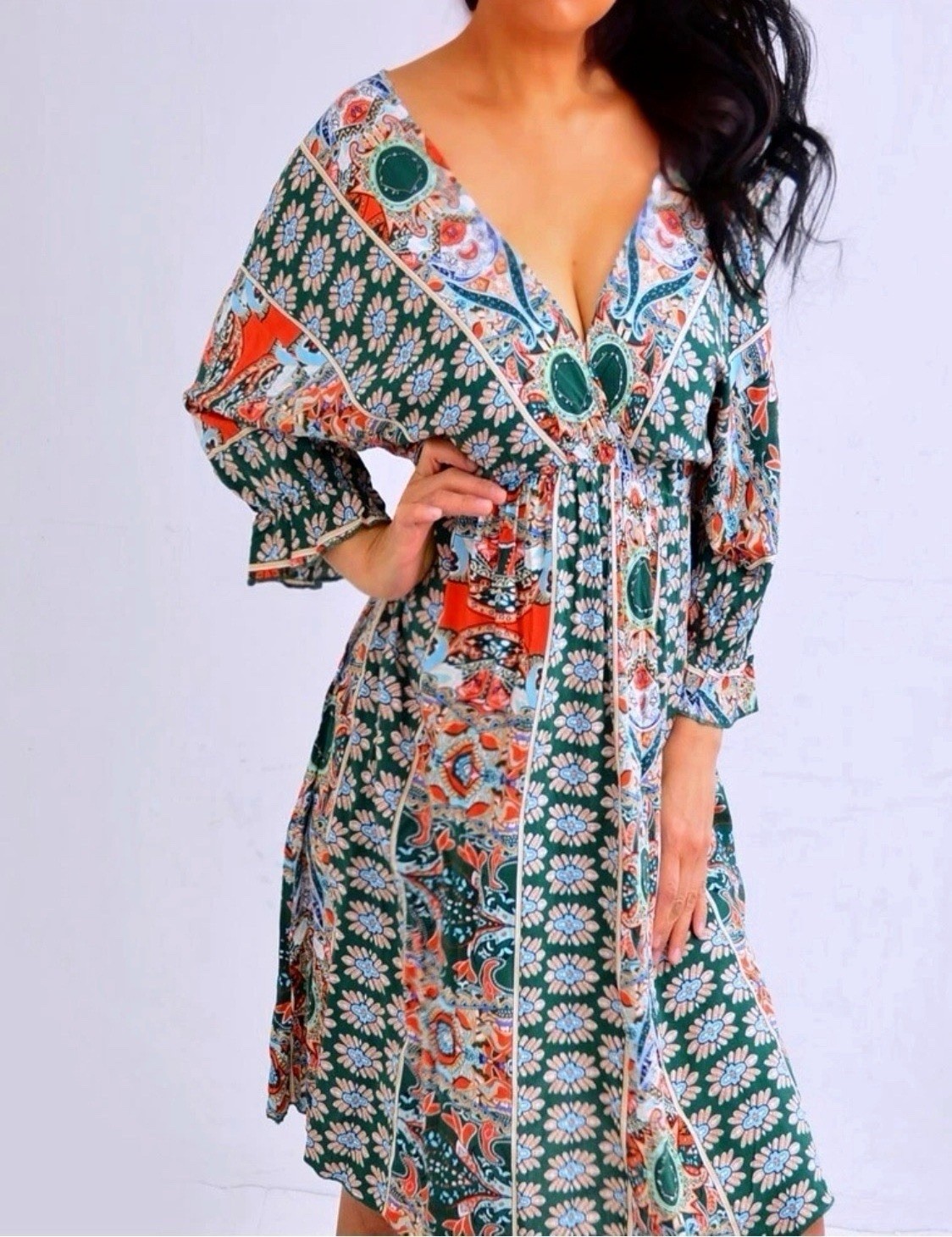 Green Orange Blue Kimono Paisley V Neck Empire Dress Size L Large