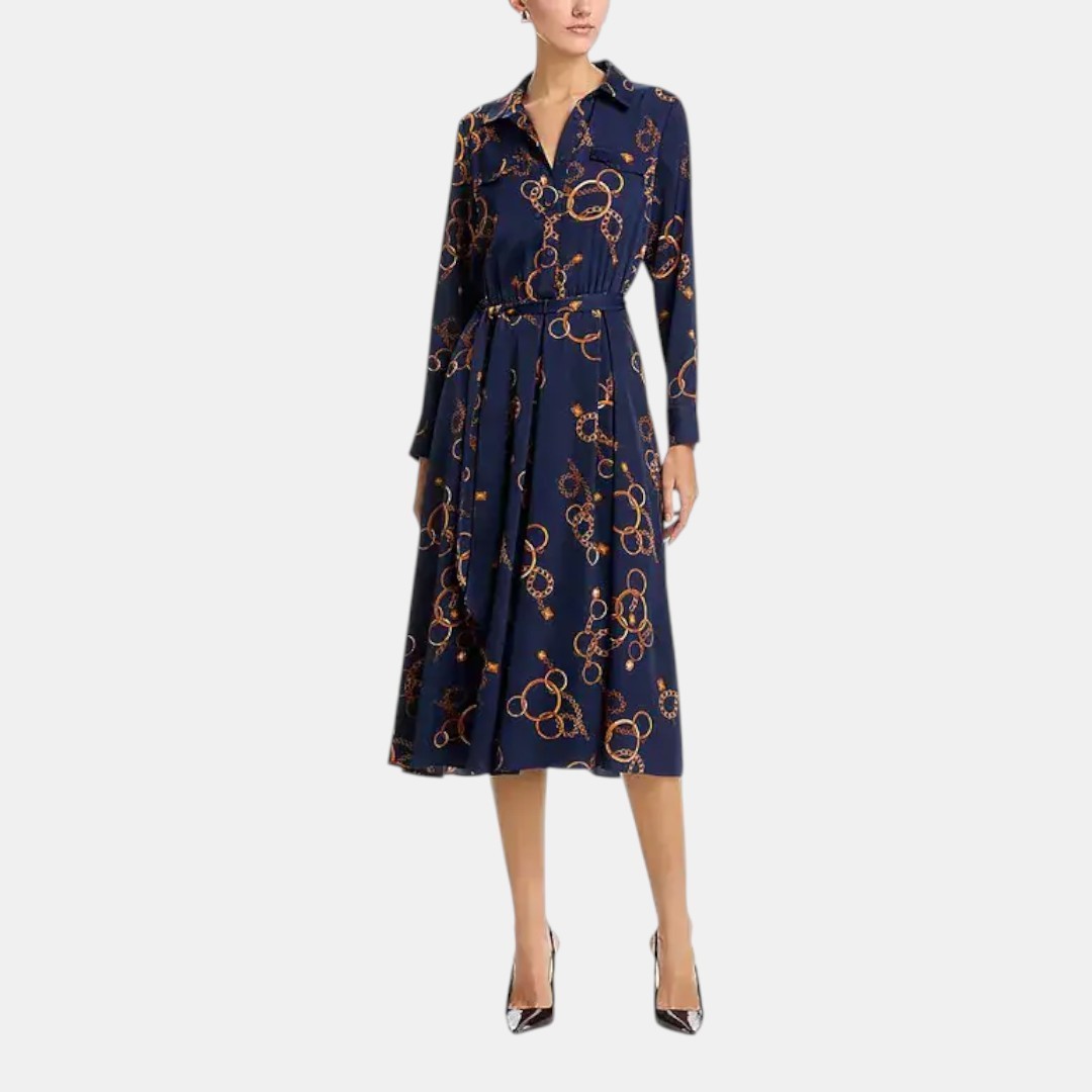 T TAHARI GOLDEN BRACELET PRINT MIDI SHIRT DRESS BELTED NWOT SIZE M