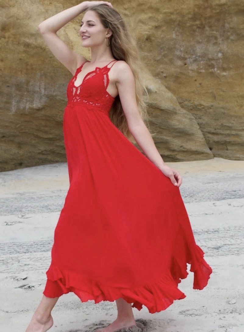 FREE PEOPLE “Adella” Maxi Slip Dress With Lace Top, Bright Red, Size XS, NEW