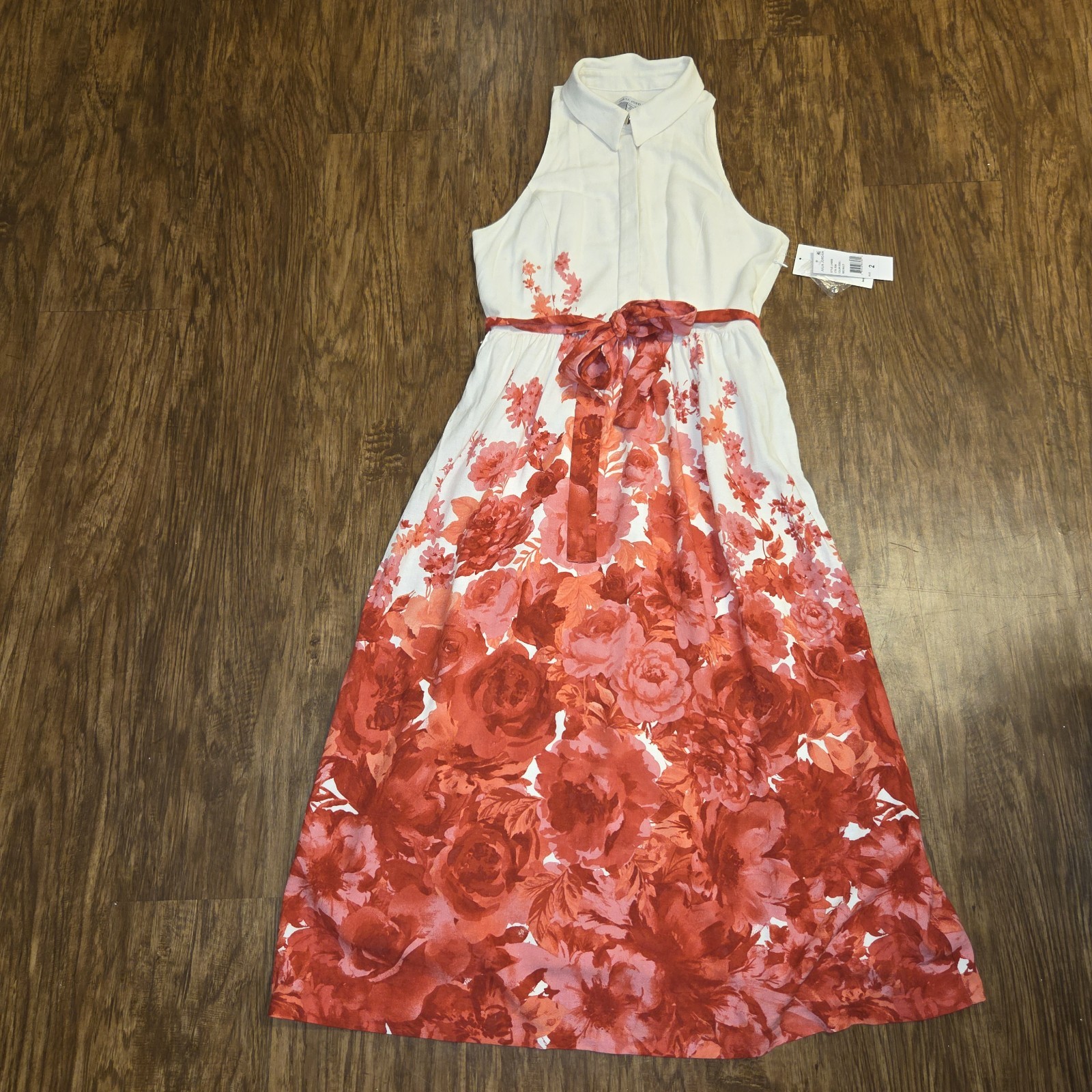 Julia Jordan Shirt Dress Women 2 Red Floral Belted Sleeveless Lined Linen Blend