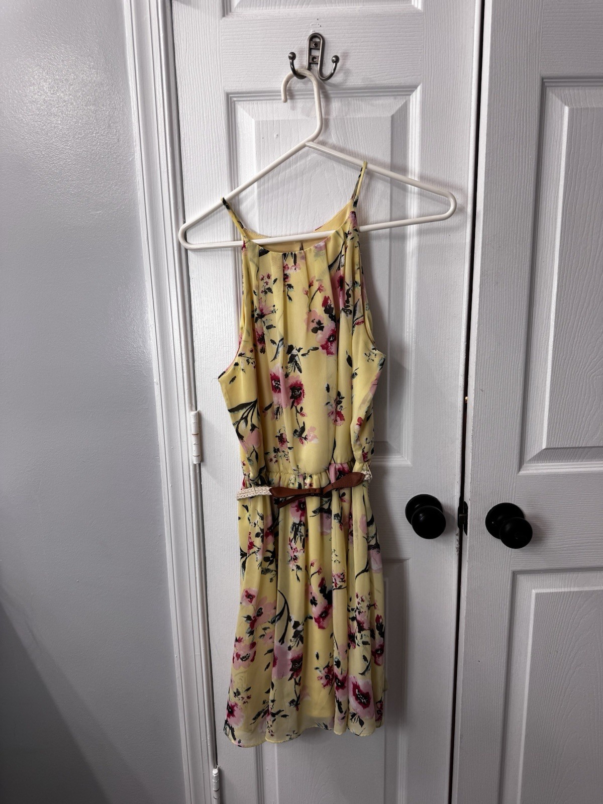 Dress Sz XL Yellow Floral Fairycore Flowy Elastic Waist Sheer Lined Belt
