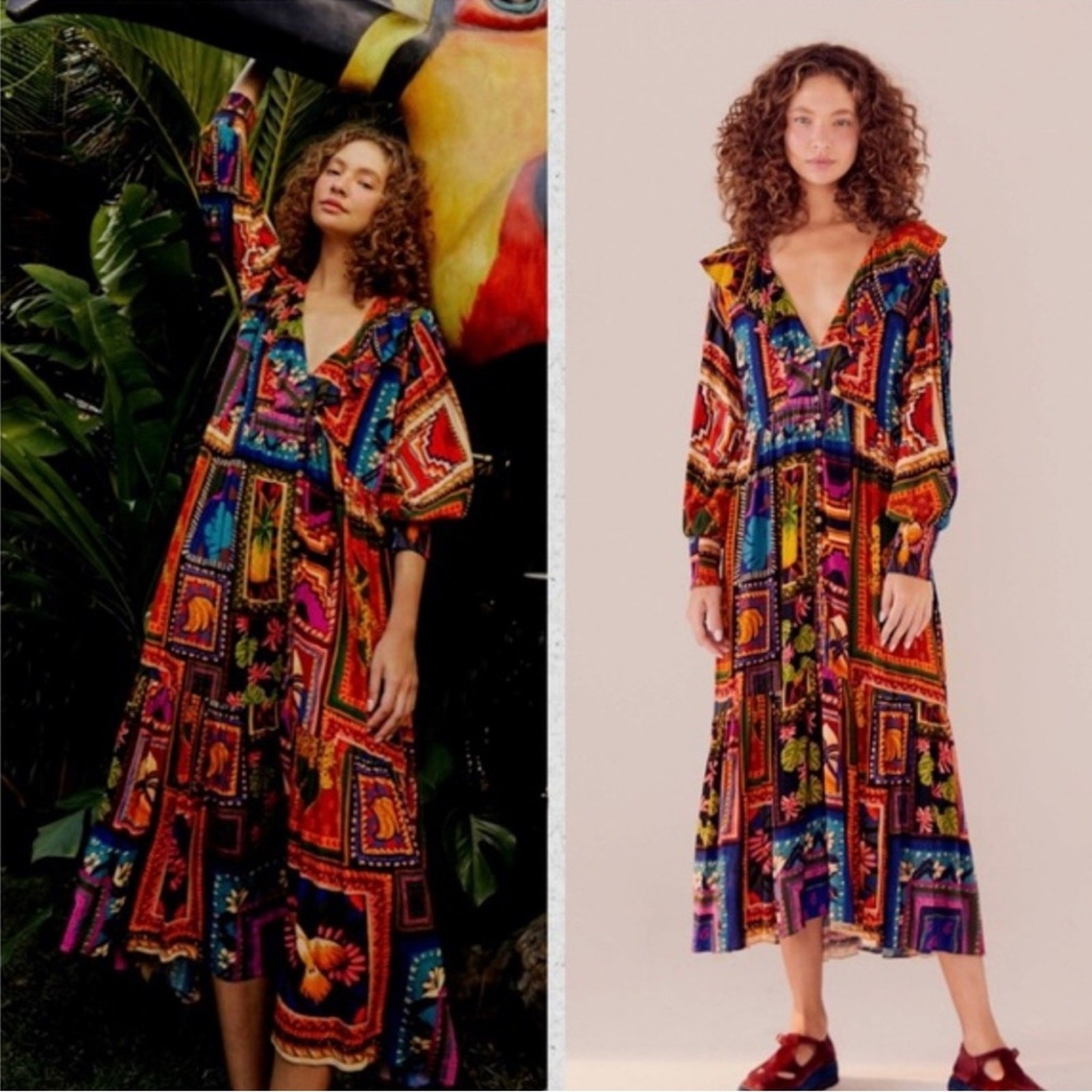 Farm Rio women’s Patchwork Tapestry ankle maxi Dress ruffle V-neck tiered red M