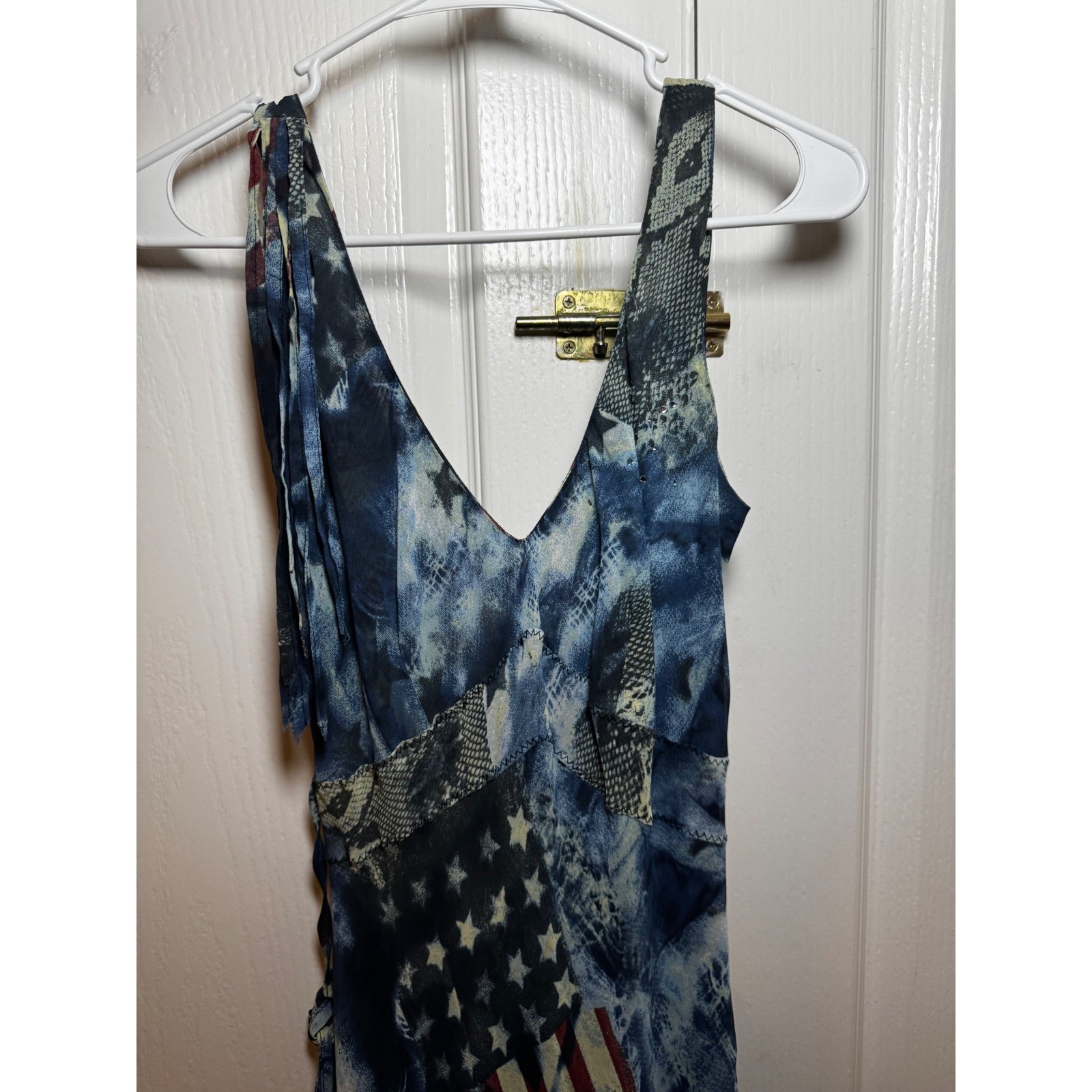 Sandro Womens American Flag Patchwork Snakeskin Print Fringe Midi Dress Blue