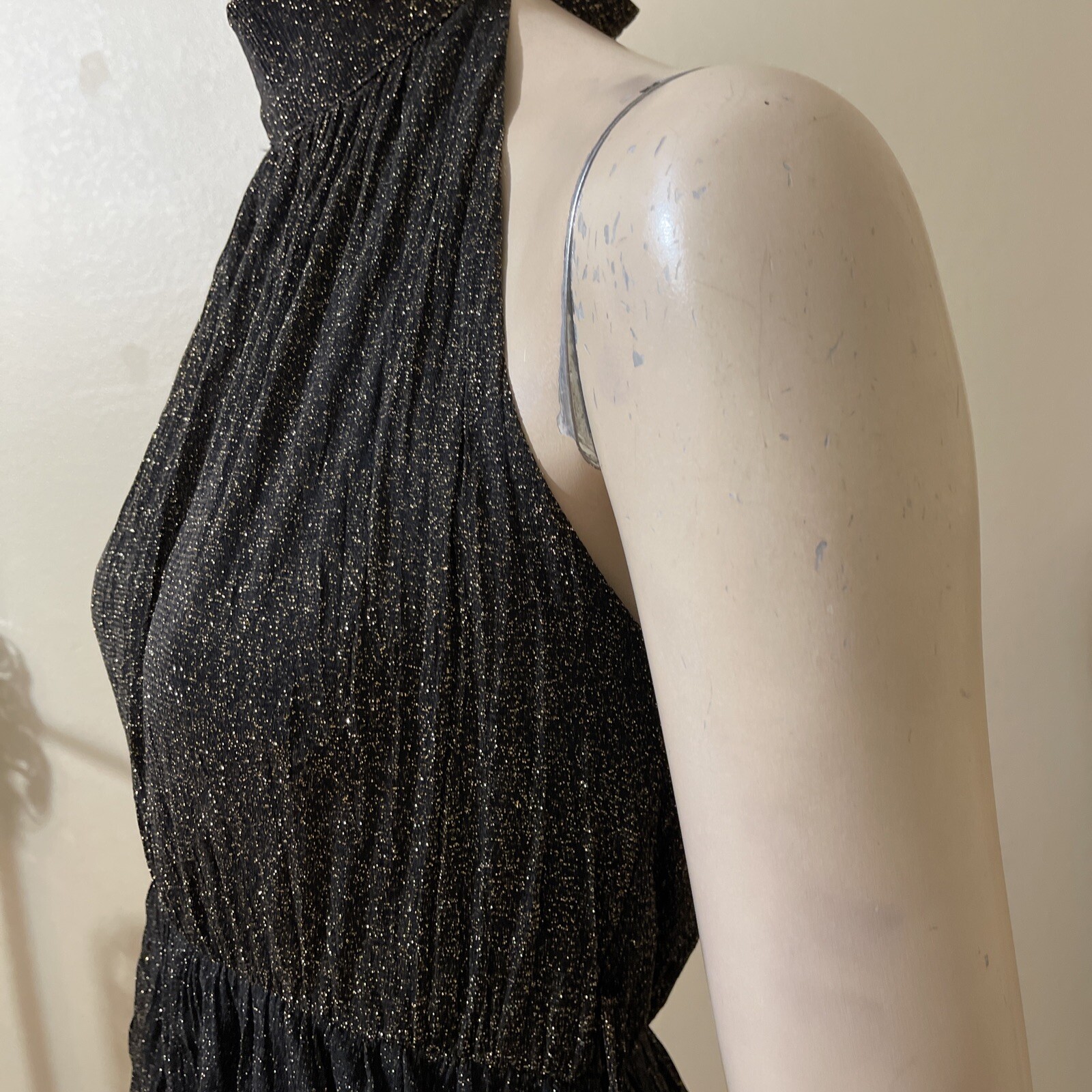 Women’s Black Polyester Cocktail Layered Pleated Open On Tie Midi Size S Dress