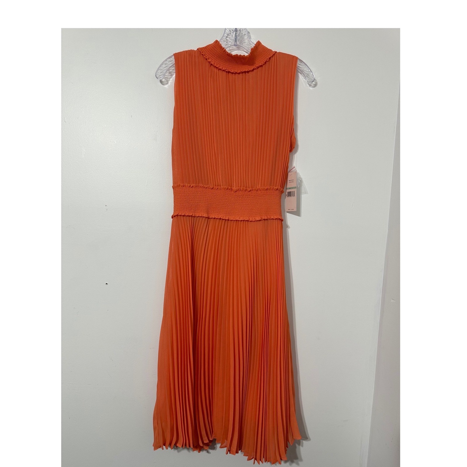 Nanette Lepore Pleated Midi Dress Womens Vivid Coral Smocked Waist NM2511W195