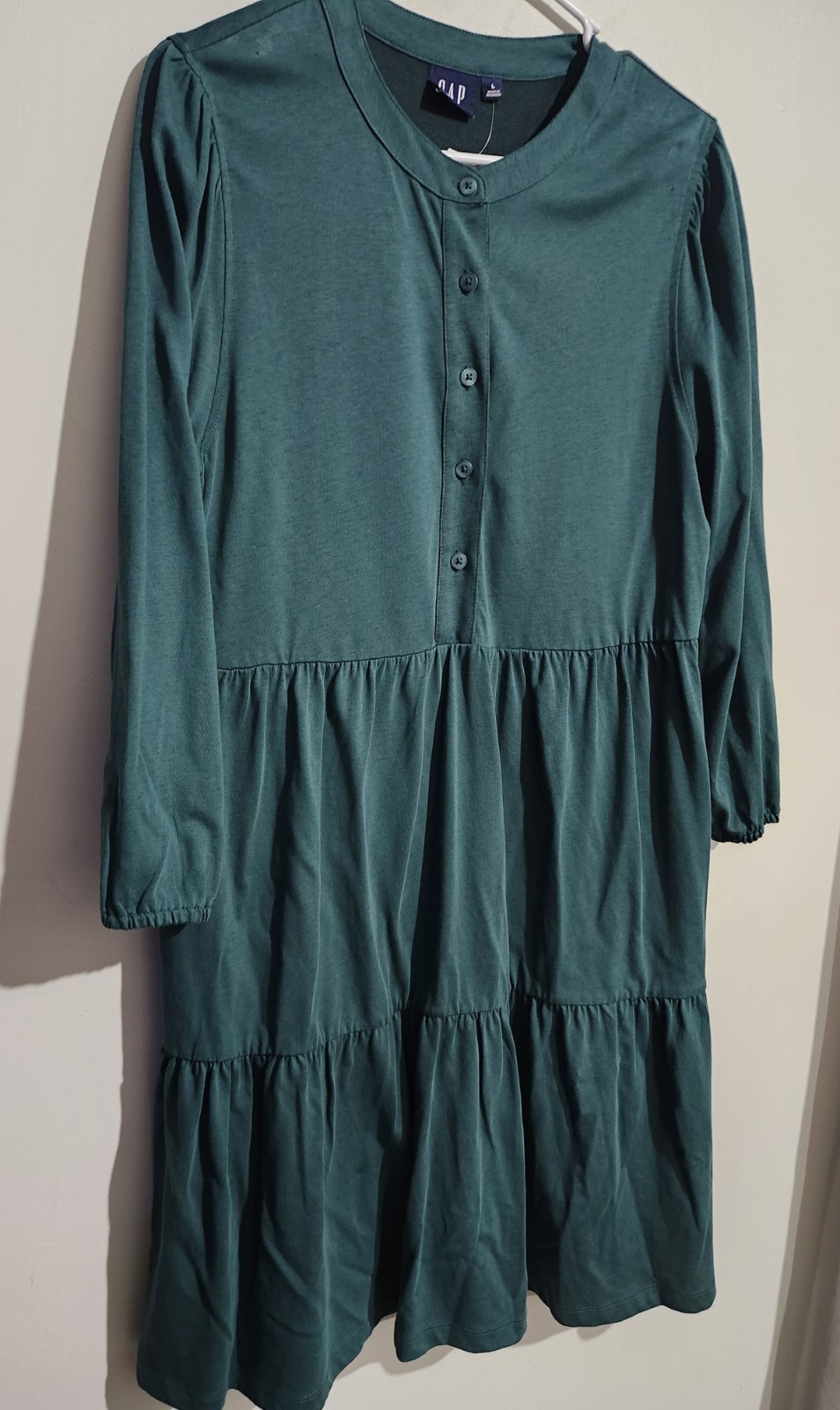 GAP Green Knit Button Tiered A-Line Dress Long Sleeve L Knee Length 60% Cotton