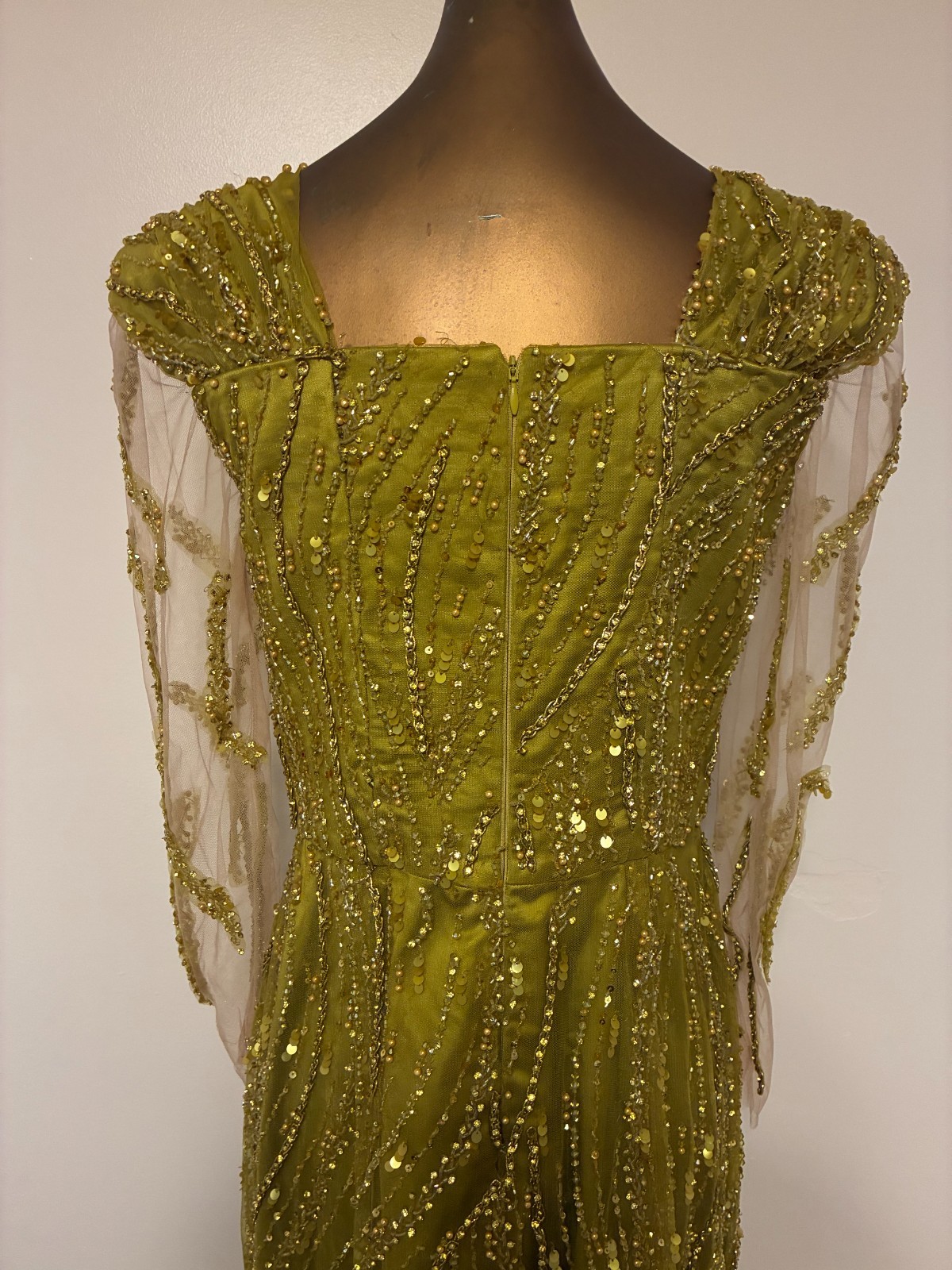 Olive Green Gold Beaded Sequin Evening Gown Sz M 6 Formal Maxi Dress Custom Made