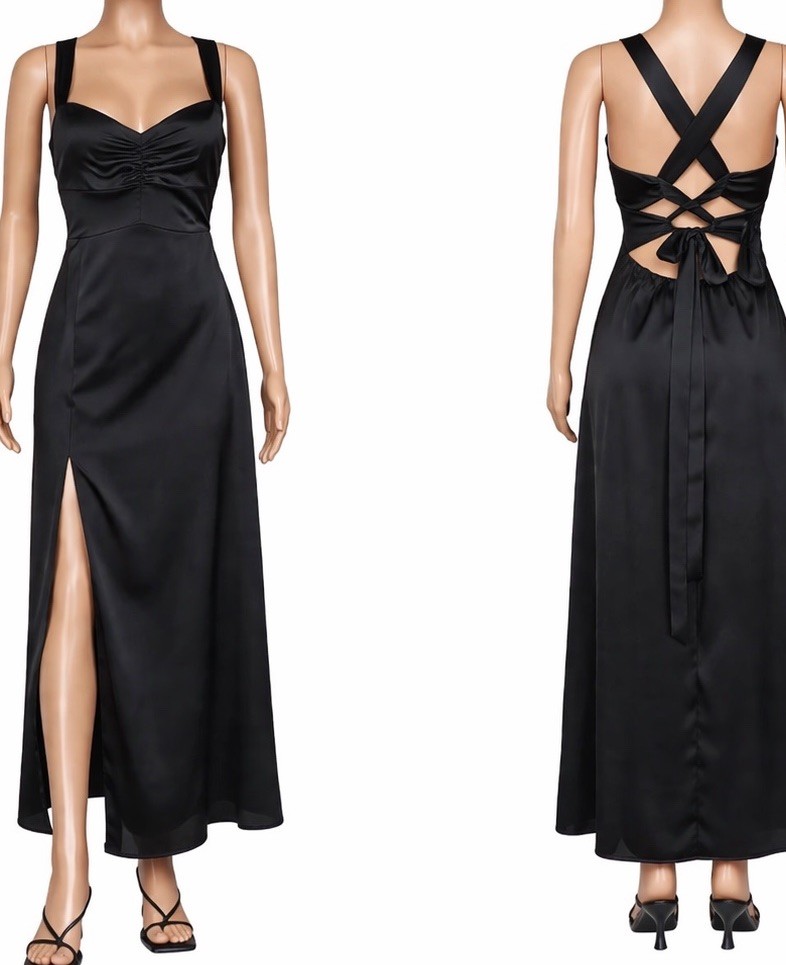 Show Me Your Mumu Mina Midi Dress Womens Small Black Luxe Satin Lined Side Slit