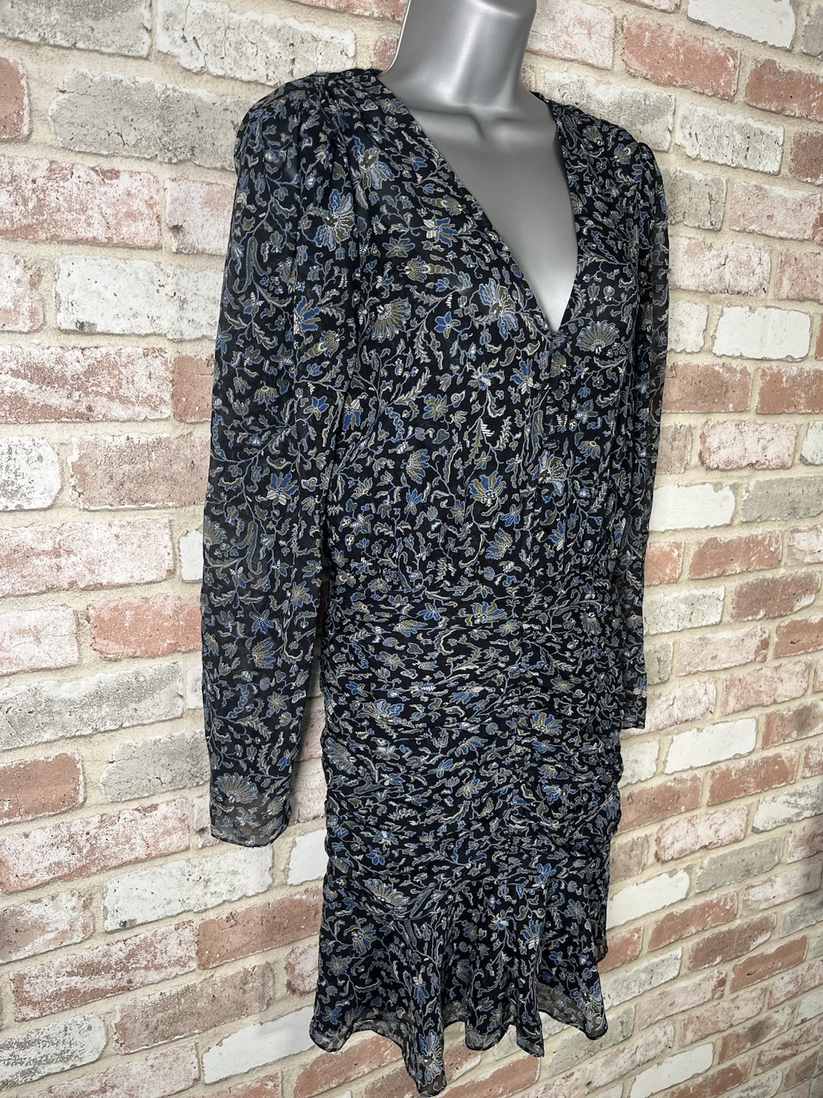 VERONICA BEARD Blue Floral 100% Silk Ruched Bell Sleeve Ruffle Dress Size 2 $595