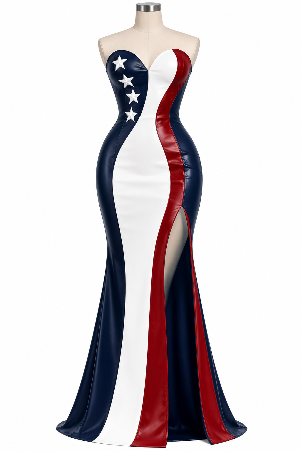Handmade USA Flag Leather Bodycon | Sweetheart Corset Maxi | Patriotic Slit Gown